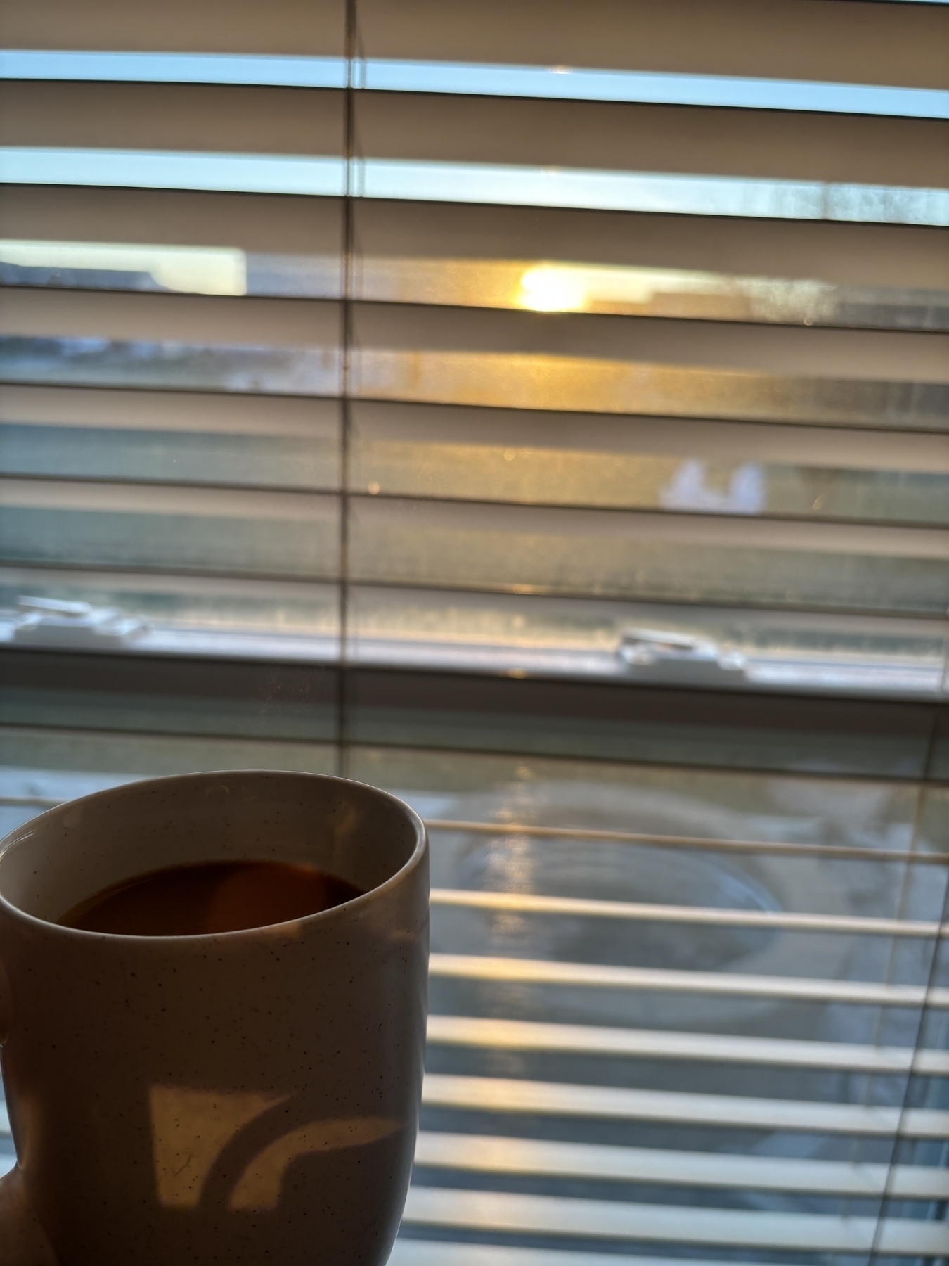 Coffee mug in front of open blinds with the sun shining. 