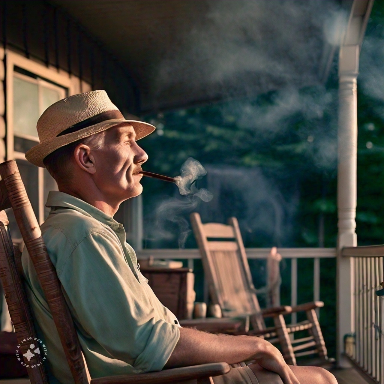 His stubbled face and steel blue eyes revealed a deep knowing. His hands were calloused. The #smoke from his pipe drifted gently off against the setting sun. The only sound was the creak from the loose deck board beneath his rocking chair. 