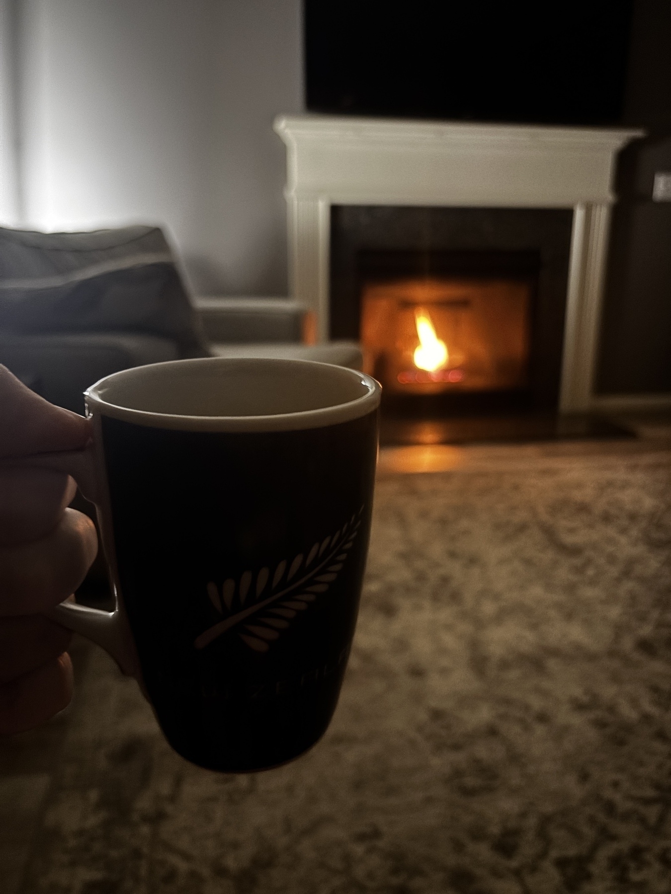 A hand is holding a black mug in front of a cozy living room with a lit fireplace.