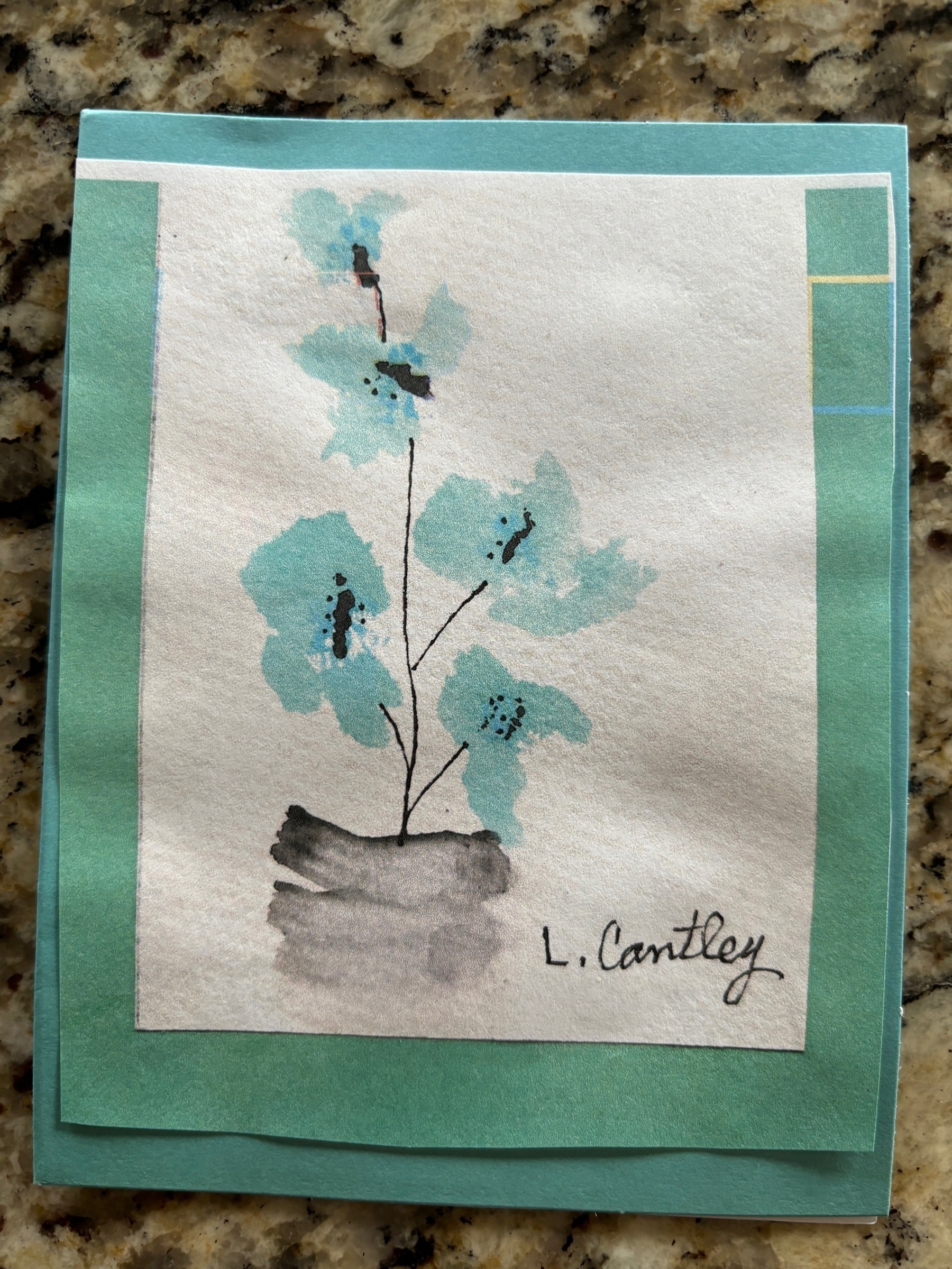 A hand made card by Linda Cantlay of some blue flowers