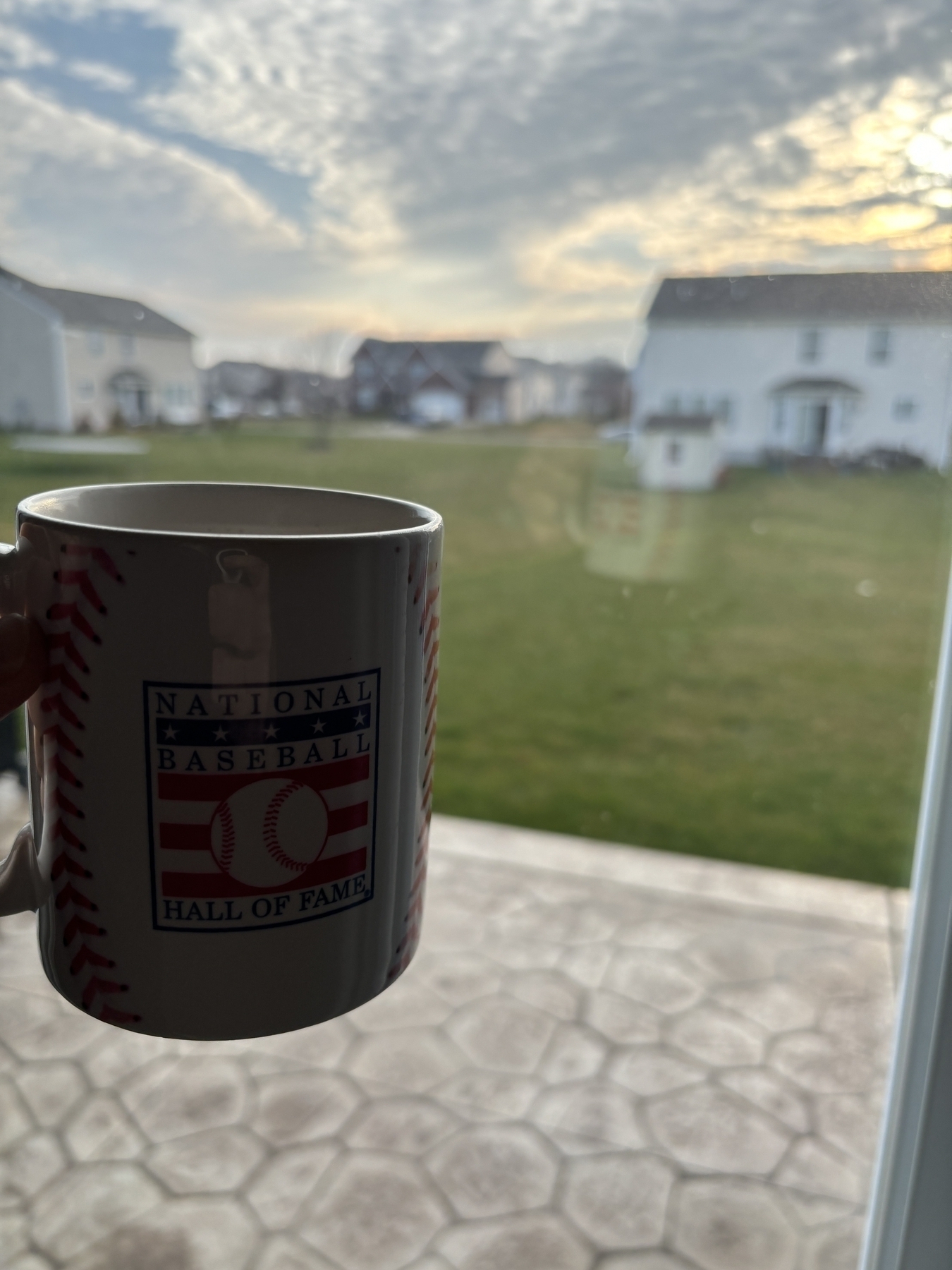 A coffee mug in front of  a window looking out onto a backyard and you can see a slight reflection in the window of the man holding the mug. 