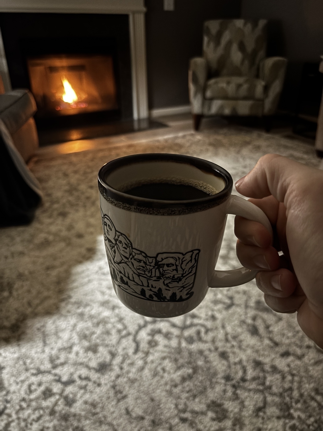 A hand is holding a mug of coffee in a cozy living room with a lit fireplace in the background.