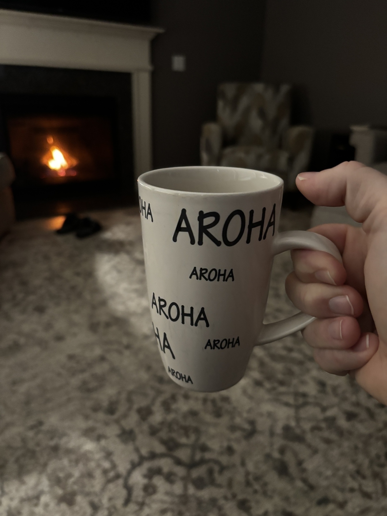 A hand is holding a mug with the word "AROHA" printed on it multiple times, in a cozy living room with a lit fireplace.