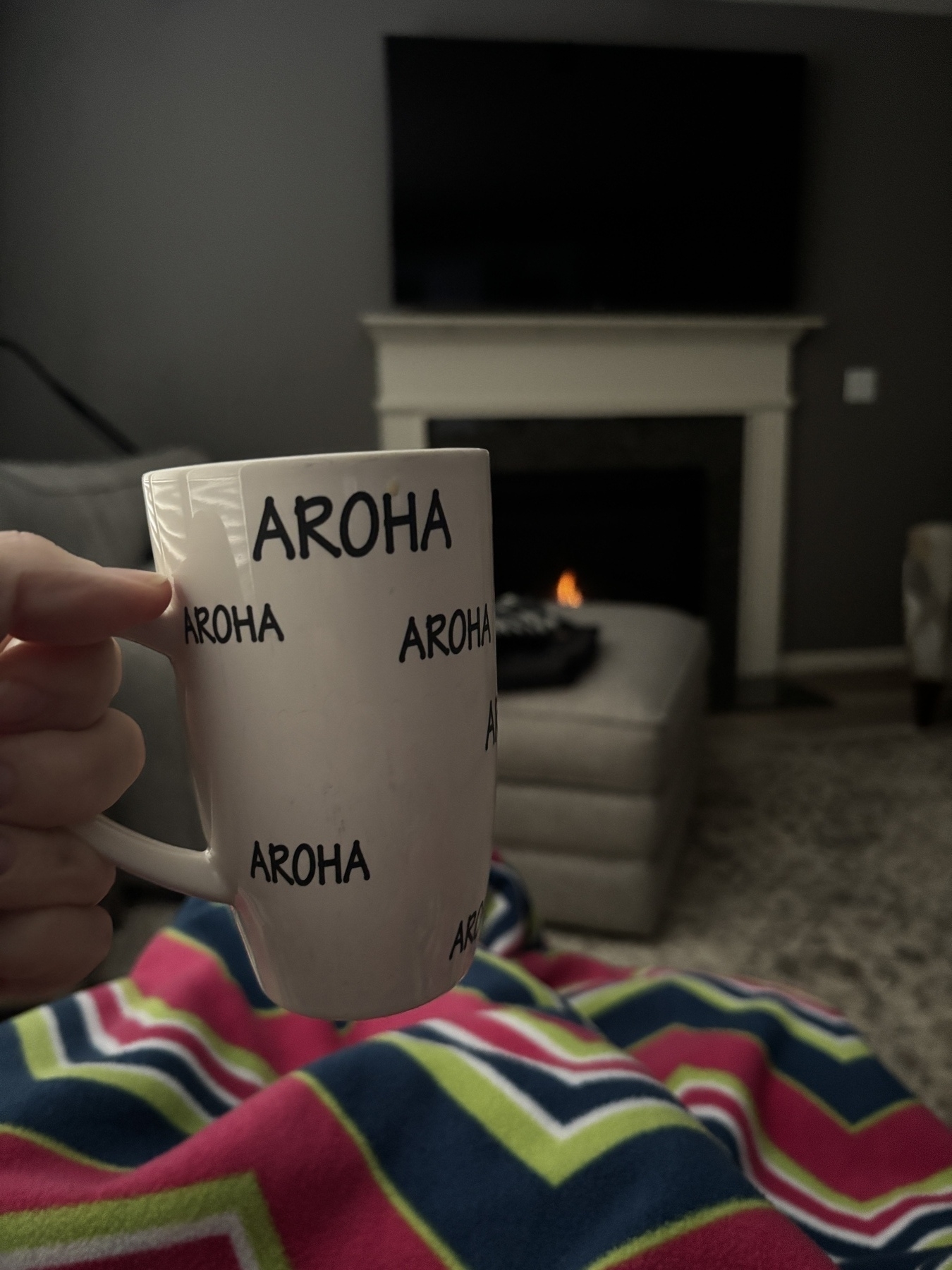 A hand holds a white mug with the word "AROHA" printed on it, while a colorful blanket covers a person in front of a lit fireplace and a large TV screen.