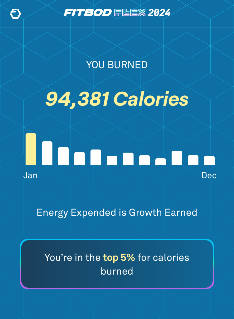 A fitness app display shows a total of 94,381 calories burned from January to December, with a highlighted achievement of being in the top 5% for calories burned.