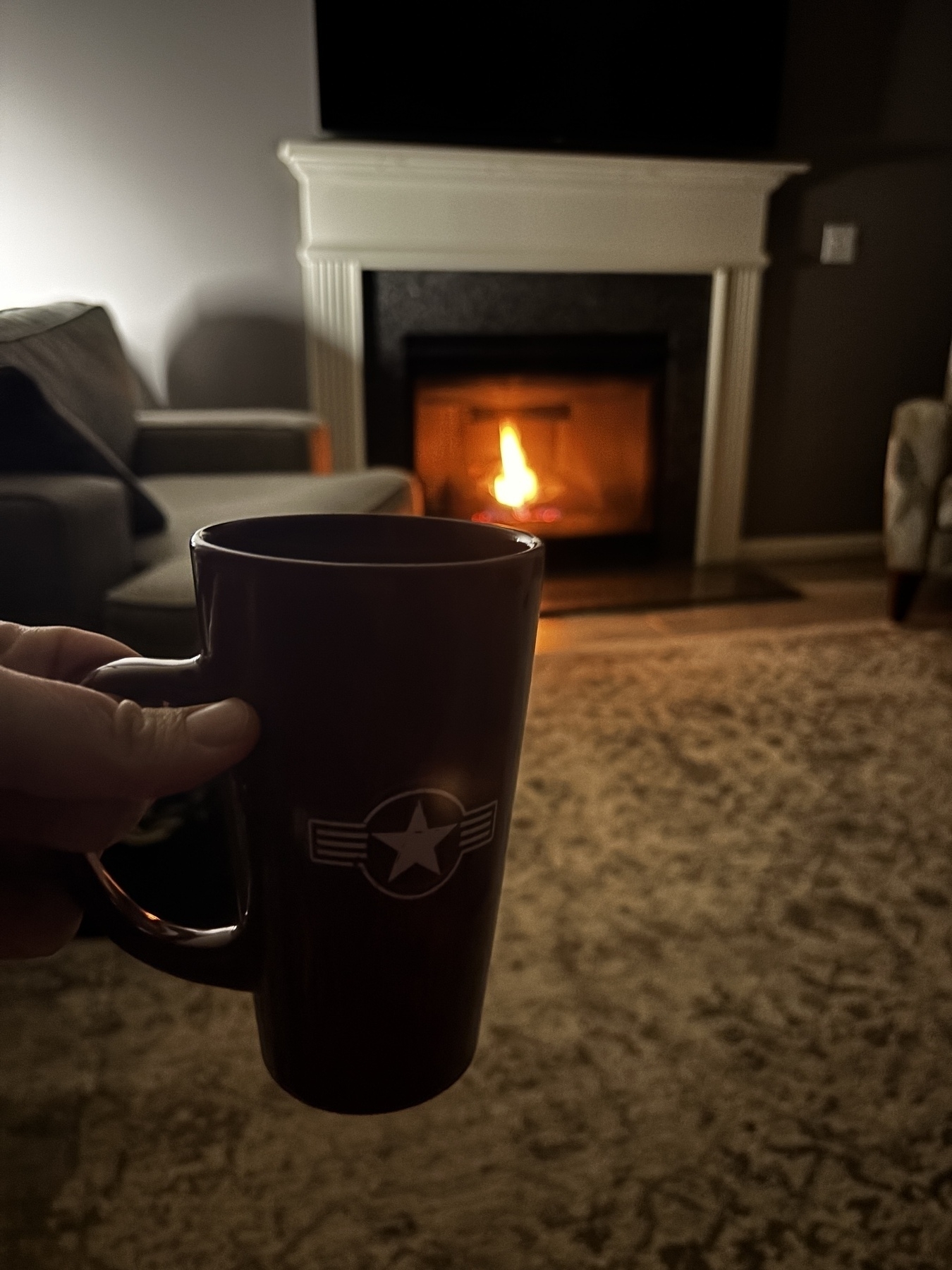 A hand holds a dark mug with a star and wings logo in front of a lit fireplace in a cozy living room setting.