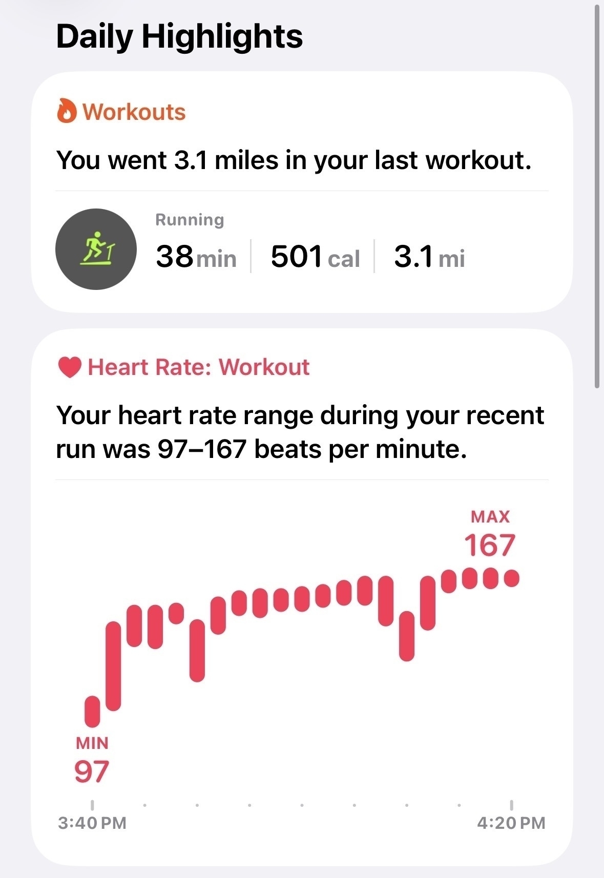 A fitness summary shows a 3.1-mile run lasting 38 minutes with a heart rate range of 97–167 beats per minute.