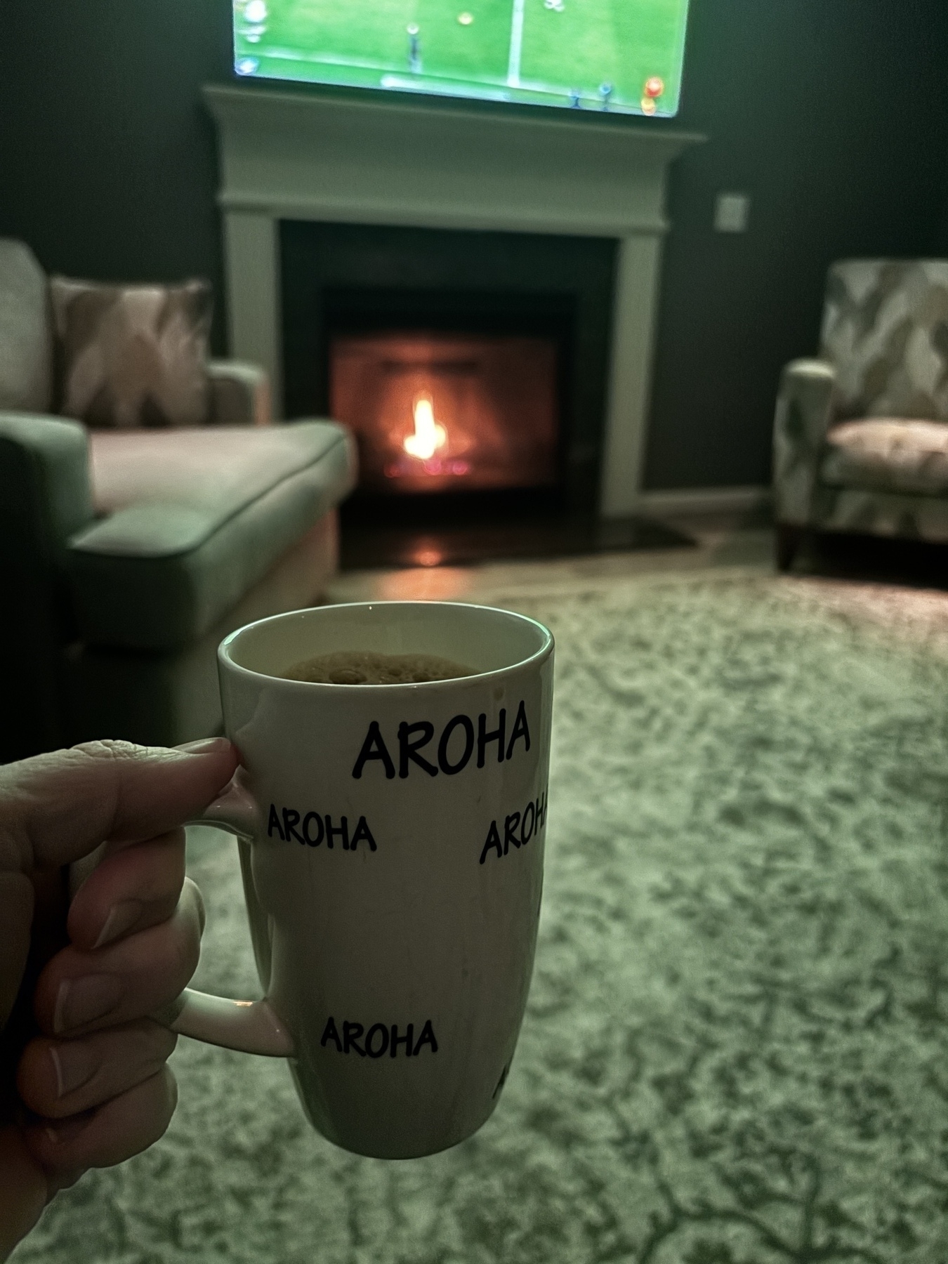 A hand is holding a mug labeled "AROHA" in a cozy living room with a lit fireplace and a TV in the background.