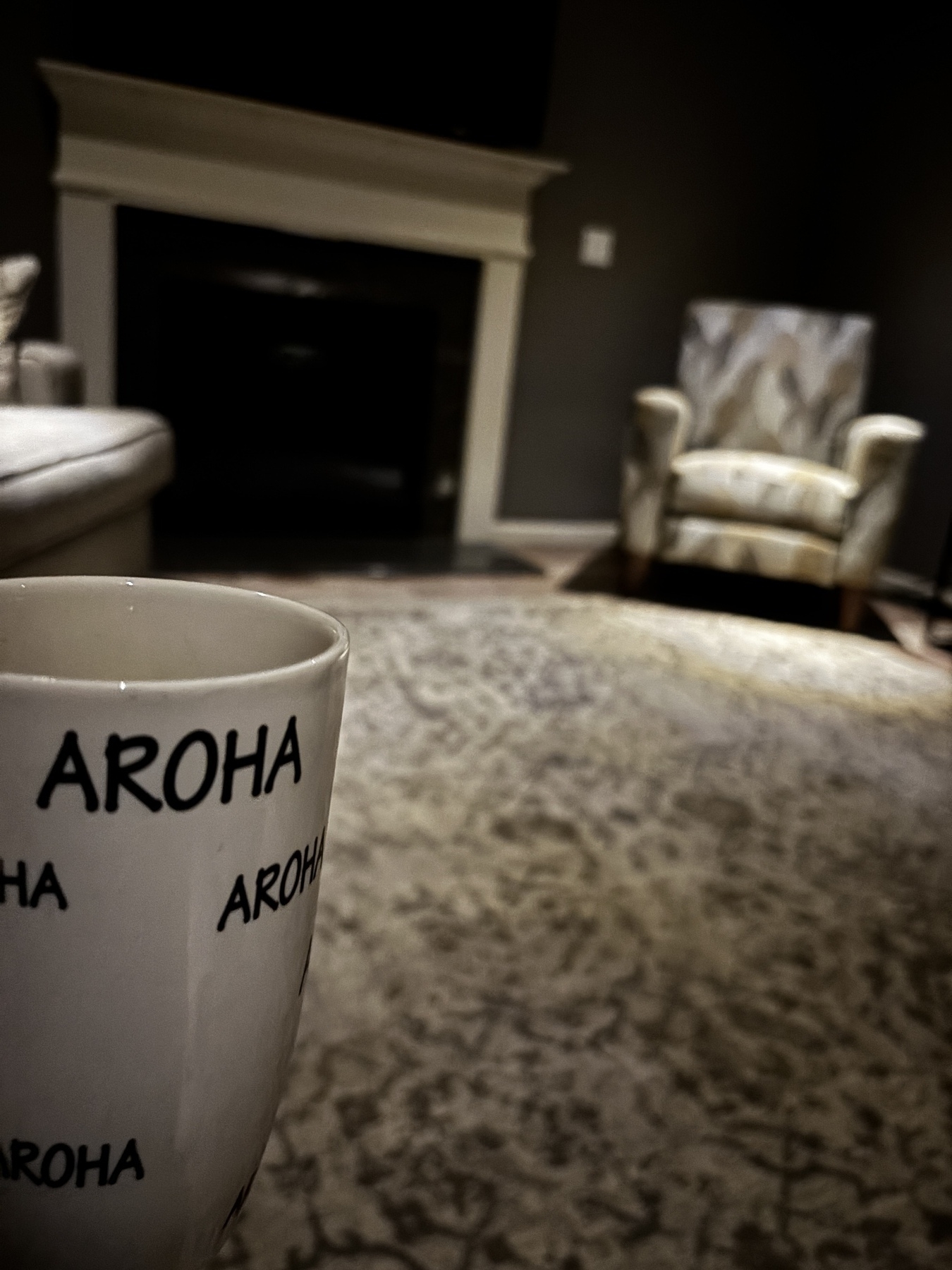 A cozy living room scene features a patterned chair, a fireplace, and a cup with the word "AROHA" printed on it in the foreground.