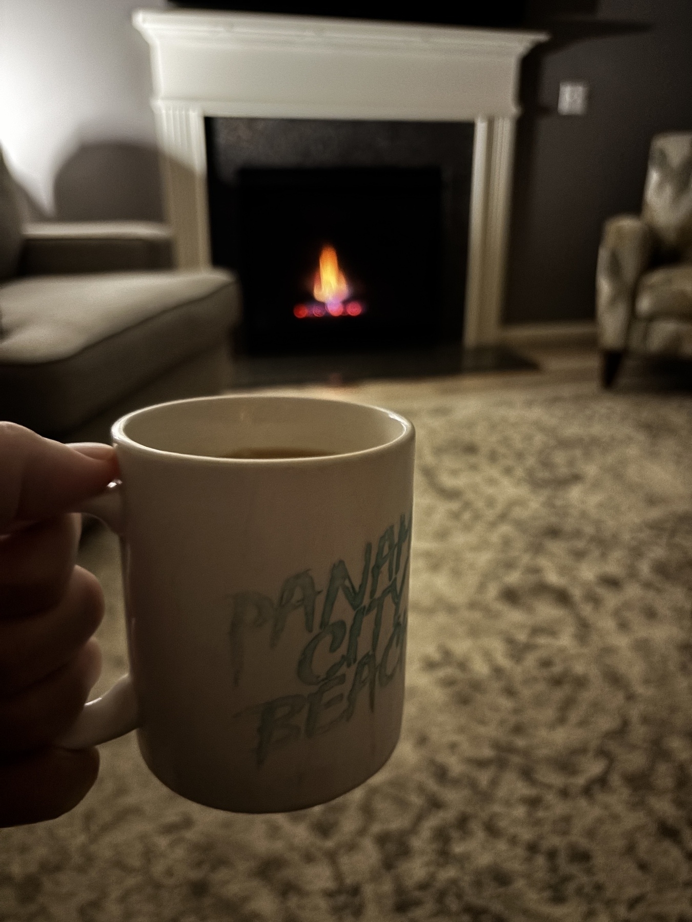 A hand holds a mug in a cozy living room with a lit fireplace in the background.