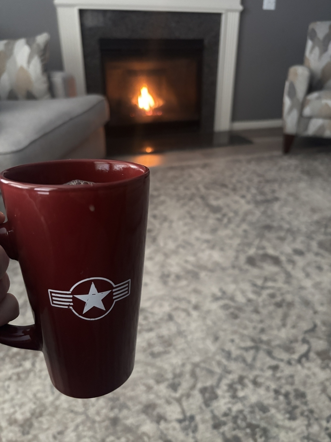 A red mug is being held in a cozy living room with a fireplace and a gray carpet.