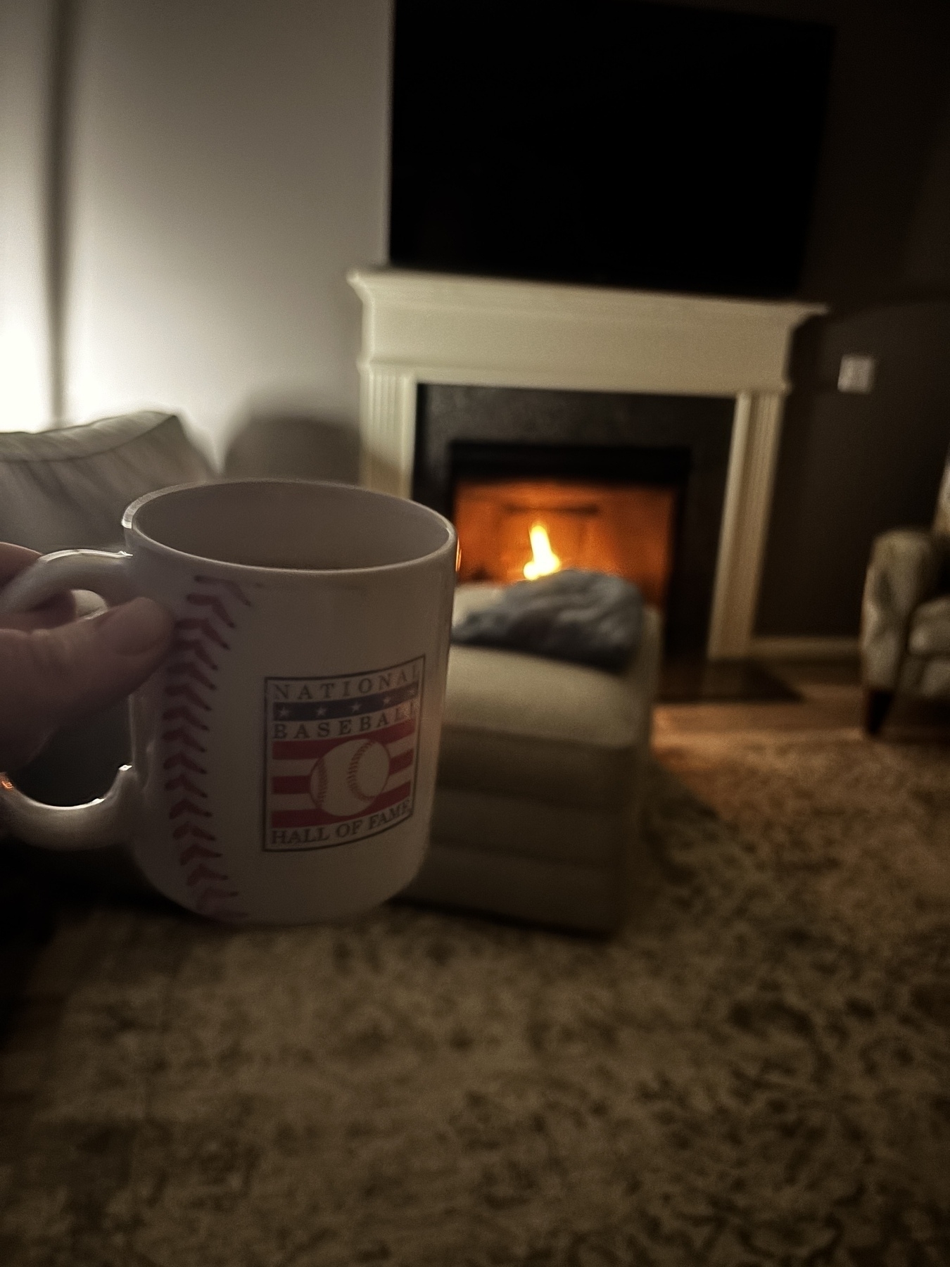 A hand holds a mug in a cozy living room with a lit fireplace in the background.