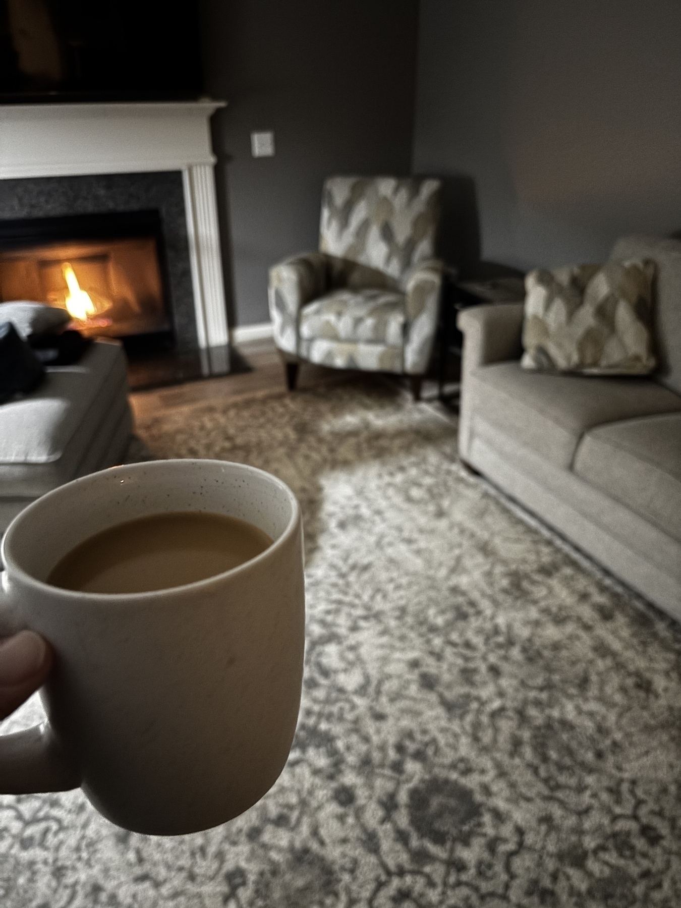 A hand holds a mug in a cozy living room with a lit fireplace, armchairs, and a sofa.