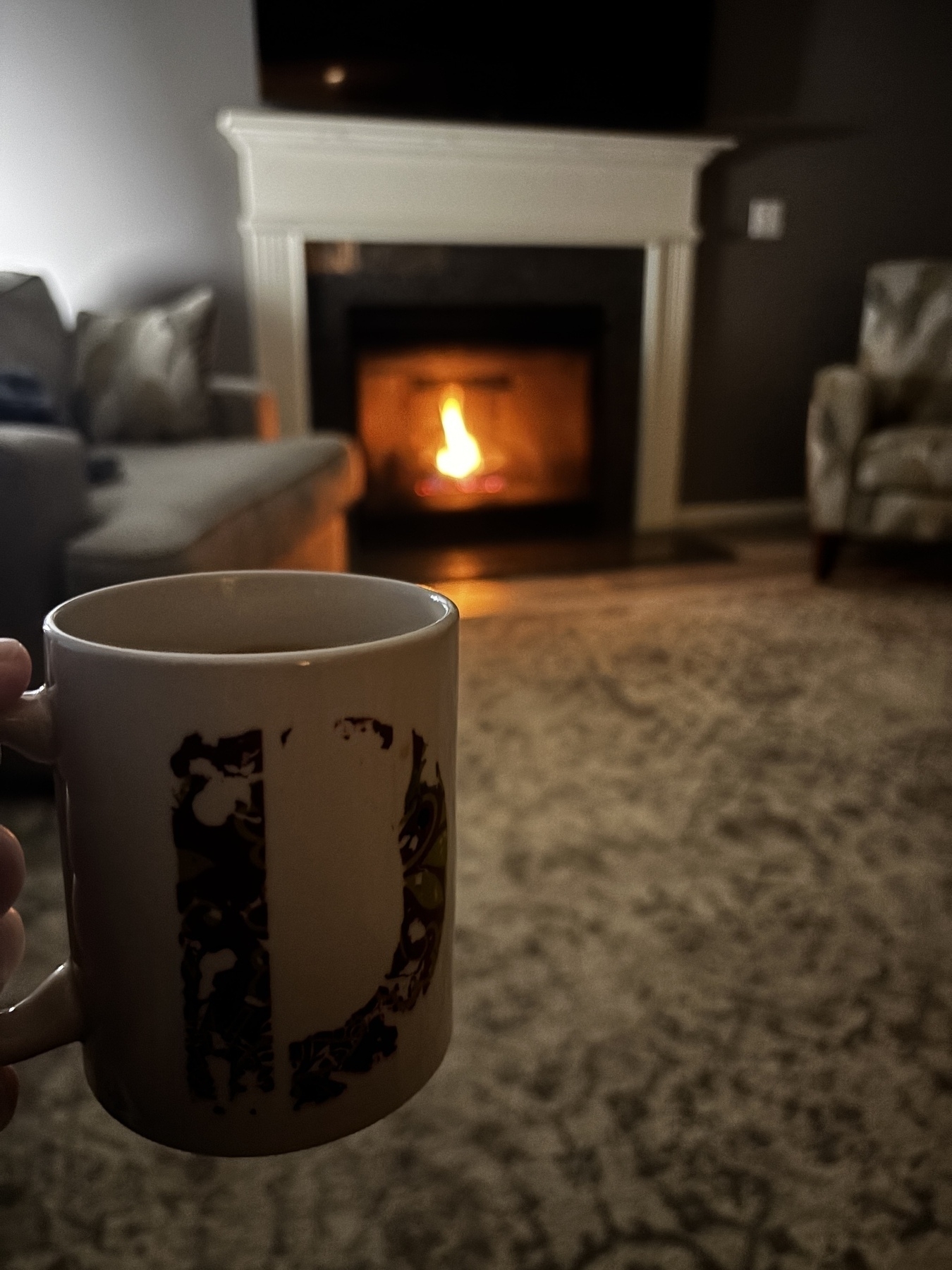 A cozy living room scene features a hand holding a mug in front of a lit fireplace.