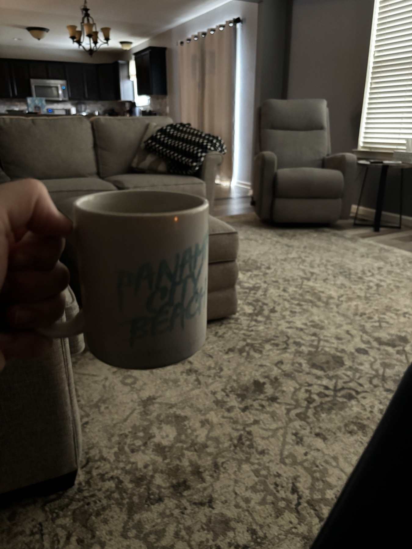 A hand is holding a mug in a living room with a sofa, armchair, and curtains.