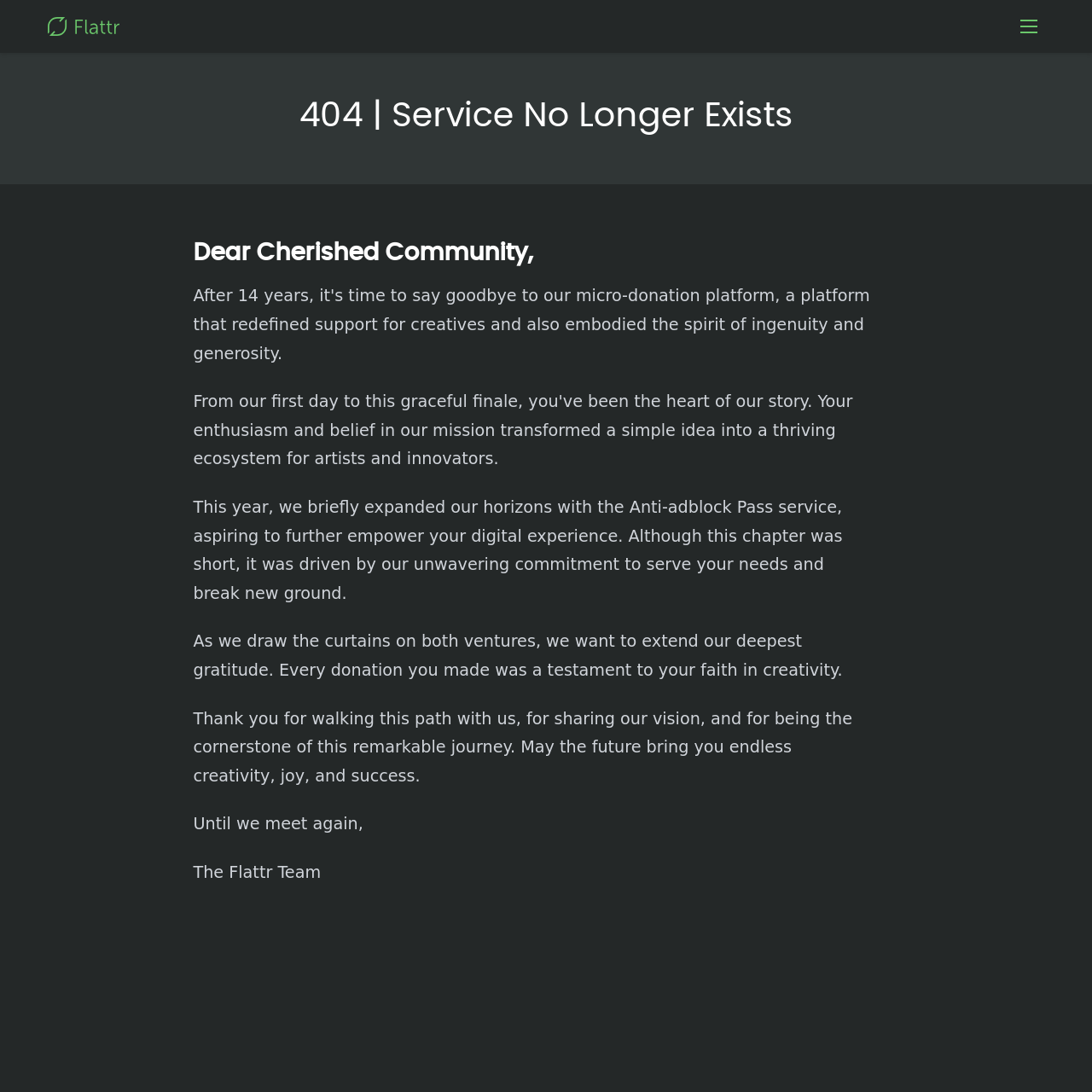 Ein Screenshot der Abschiedsseite zum Shutdown des Micropayment-Tools Flattr.