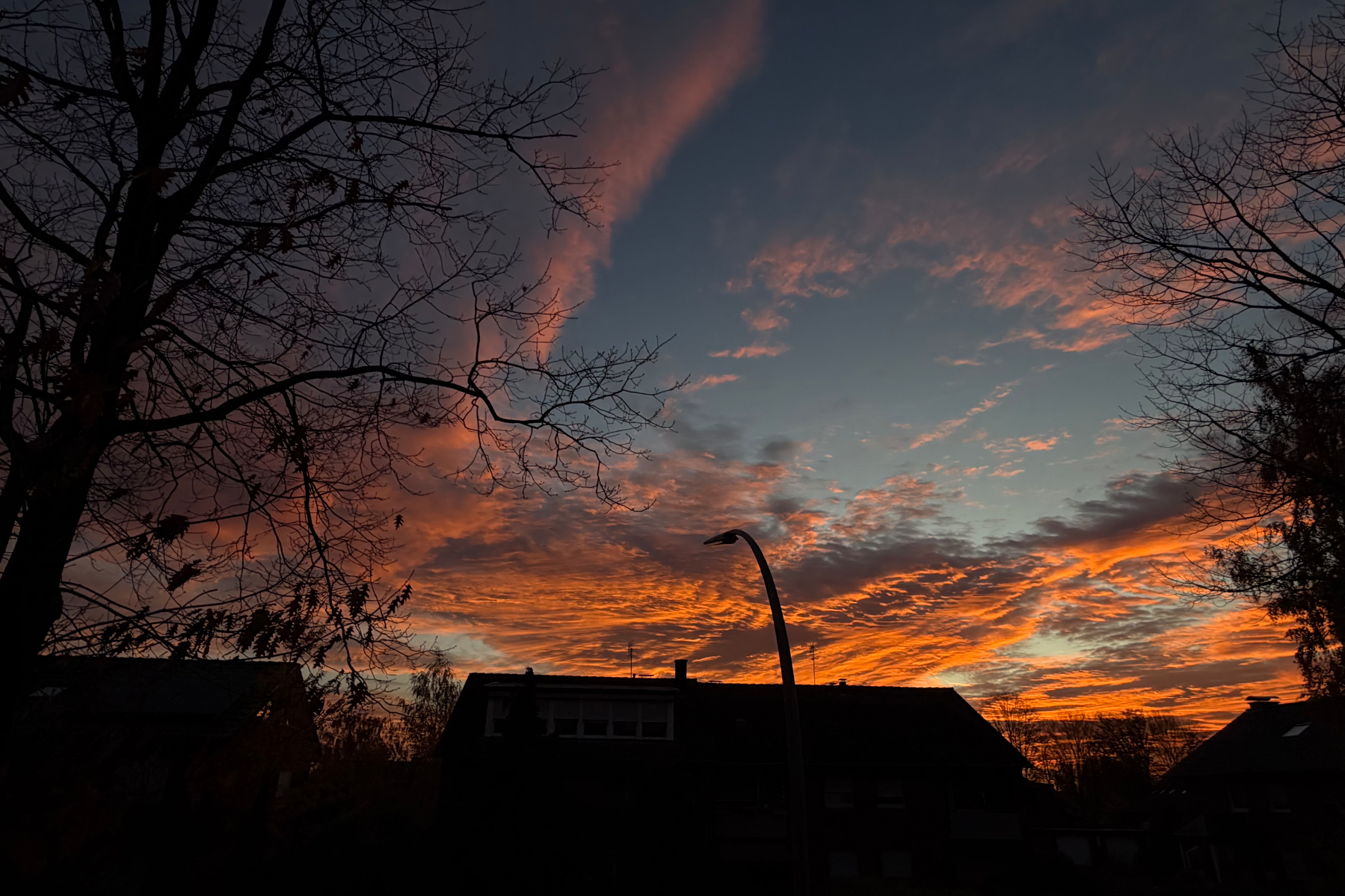 Ein lebendiger Sonnenaufgang mit Orange- und Rosatönen am Himmel, mit Silhouetten von Bäumen und Dächern im Vordergrund und einer Straßenlaterne, die auf der rechten Seite sichtbar ist.