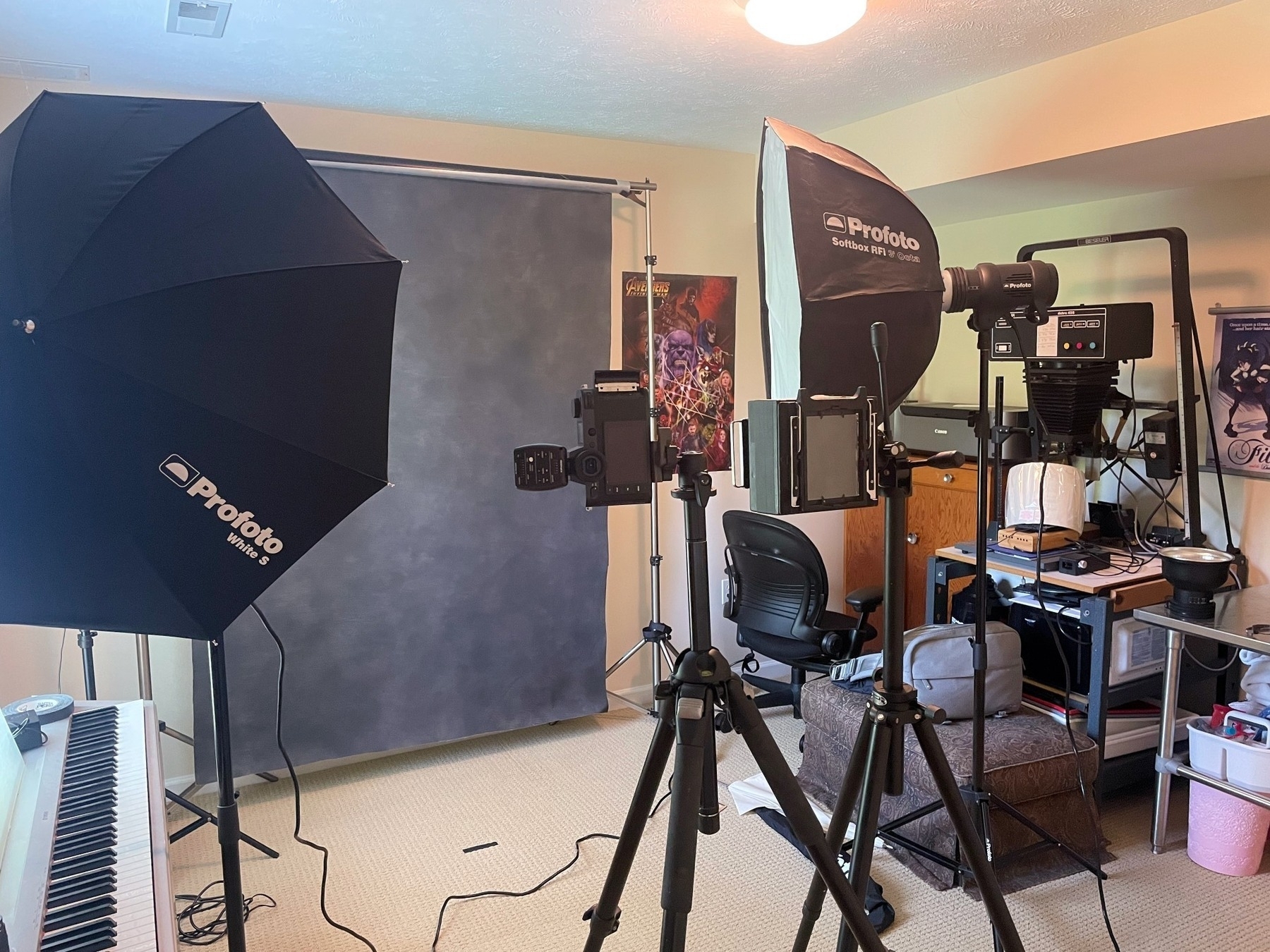 Photo studio with lights and backdrop in spare bedroom