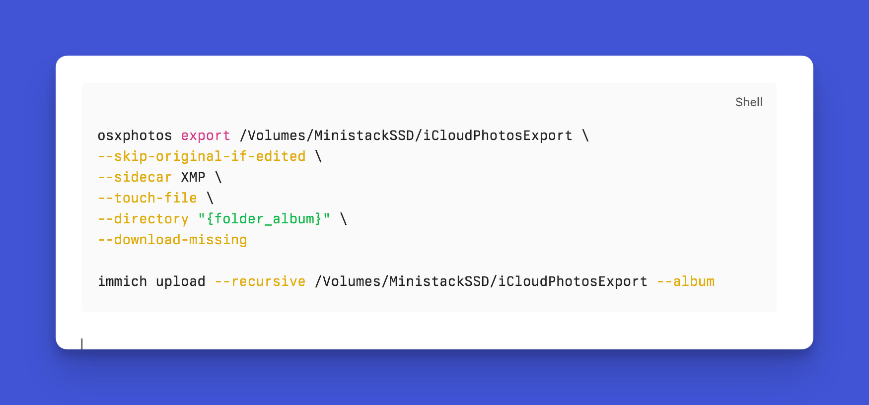Screenshot of terminal with commands using osxphotos and the immich CLI.