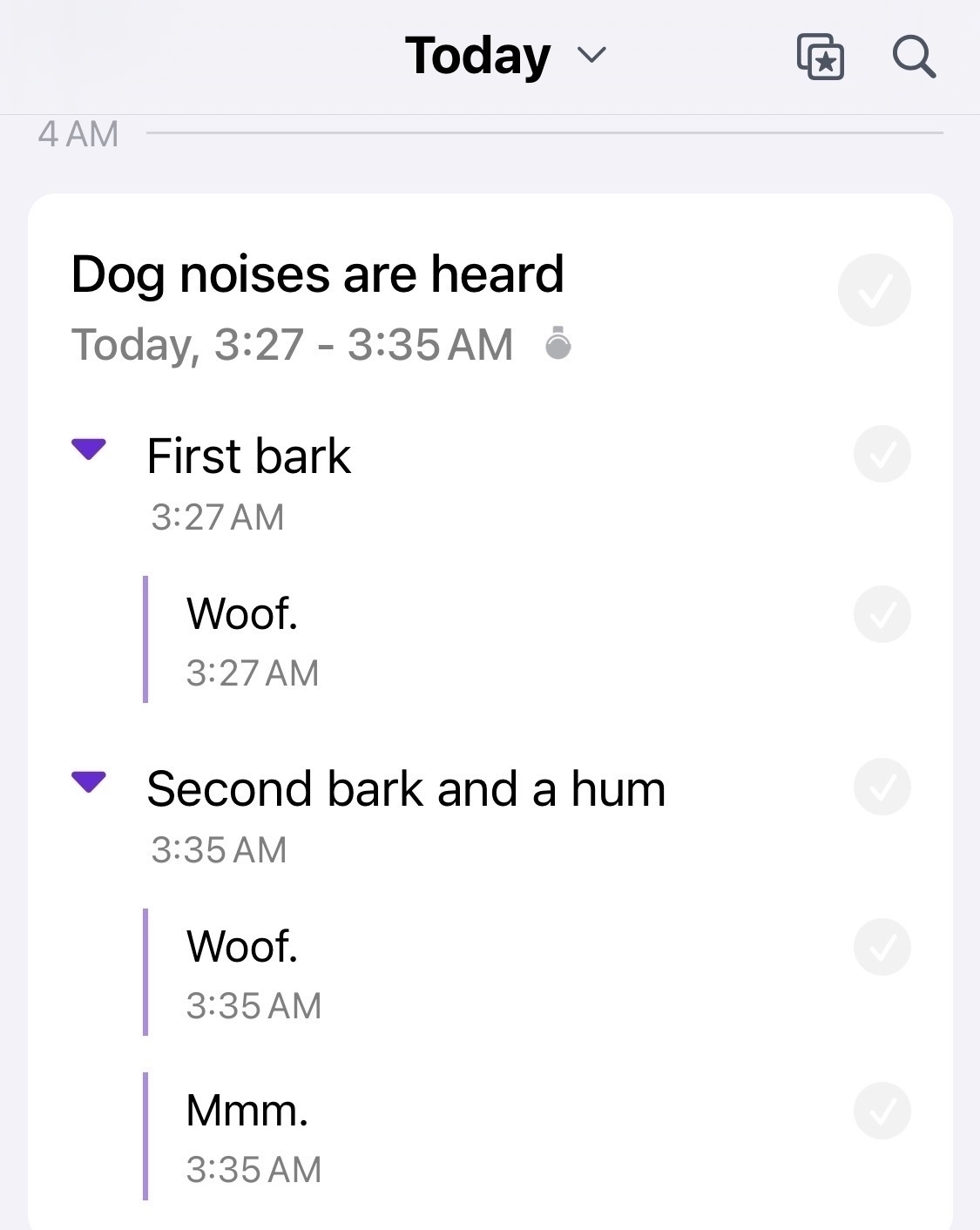 A series of logged entries documents dog noises, including barks and a hum, occurring between 3:27 and 3:35 AM.&10;