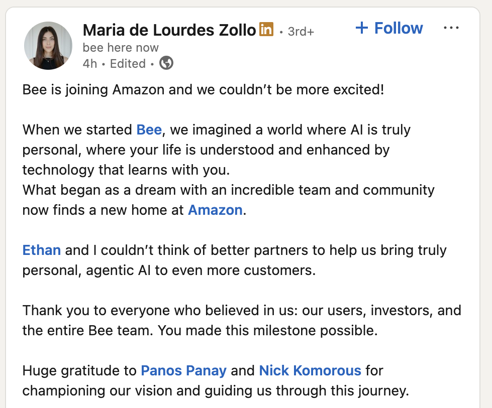 Bee.computer announces it has been acquired by Amazon.com