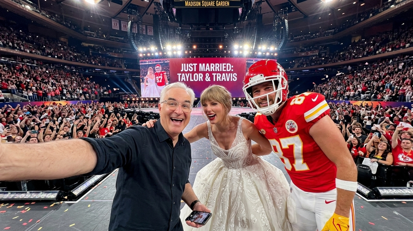 A joyful crowd in Madison Square Garden watches as a Leo, a woman in a wedding dress, and a football player pose for a selfie in front of a sign that reads Just Married: Taylor & Travis.
