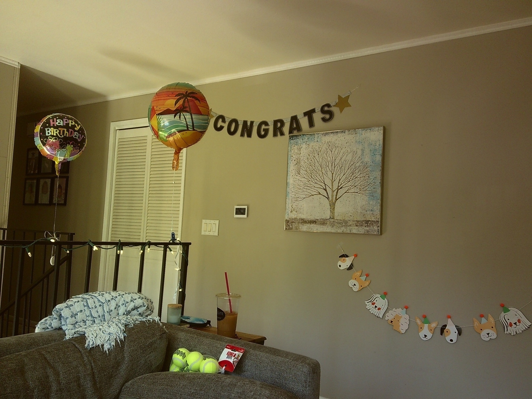 a congrats banner on a wall with balloons around it