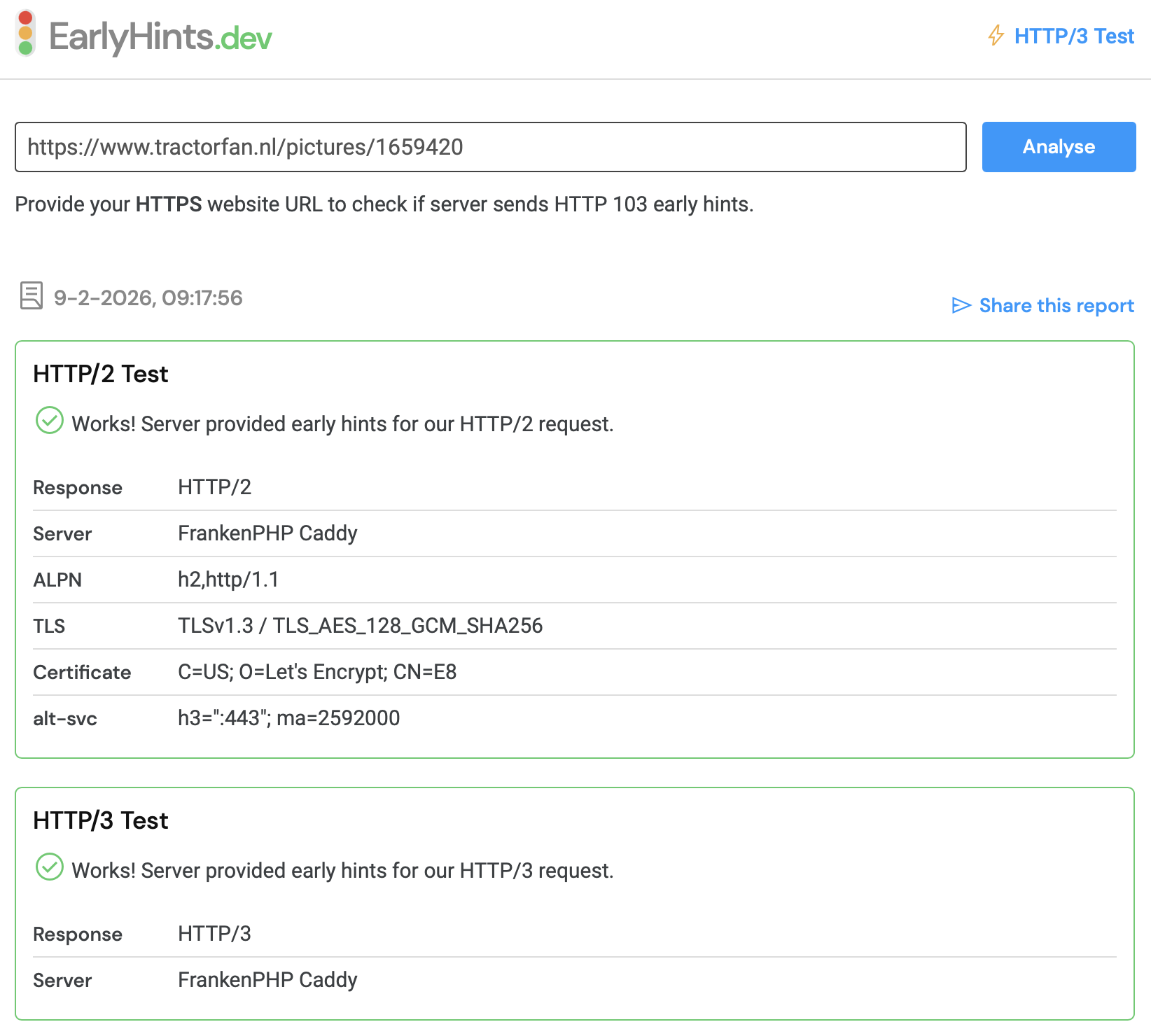 EarlyHints.dev screenshot with a satisfying result