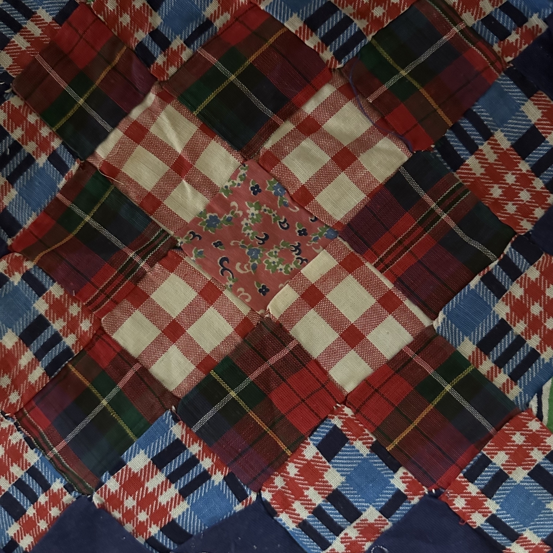 Mom’s hand sewn patchwork quilt piece.