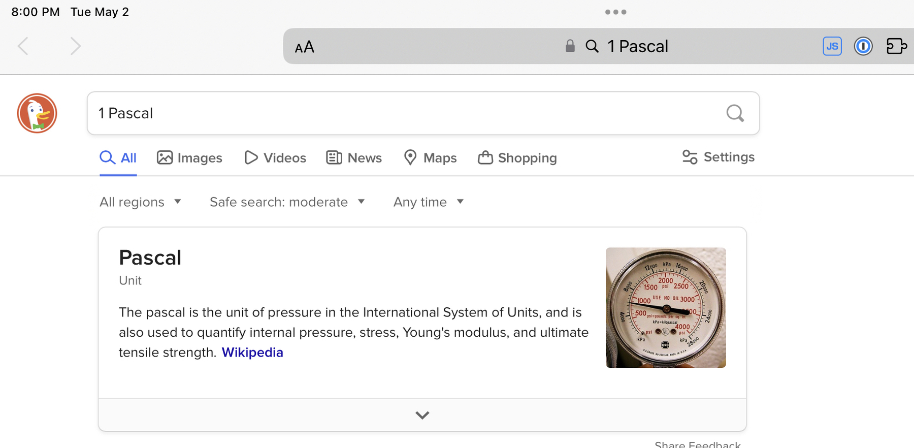 A screenshot of the DuckDuckGo search results for “1 Pascal”