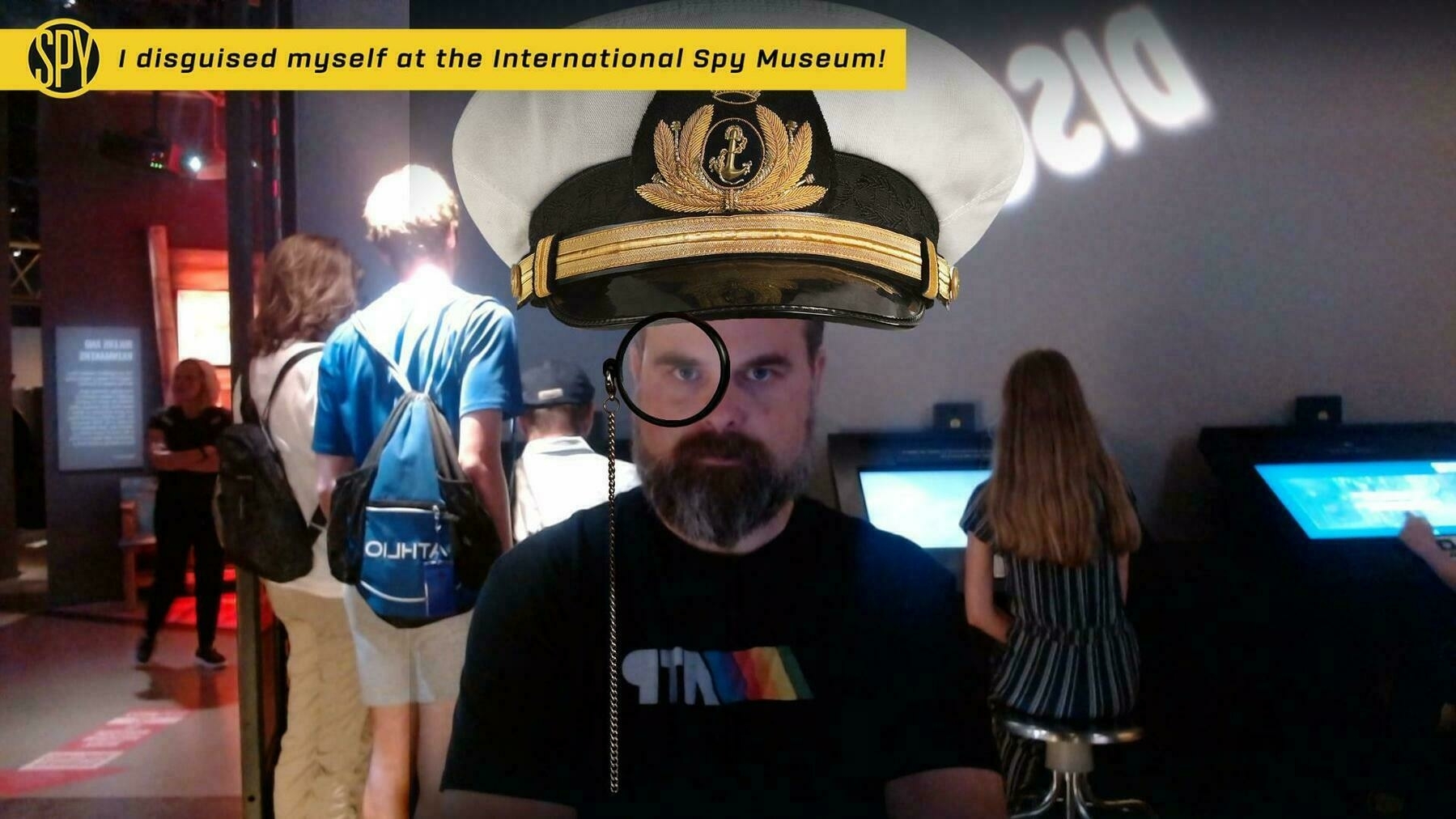 Sam superimposed with a ridiculously large nautical hat and huge monocle.