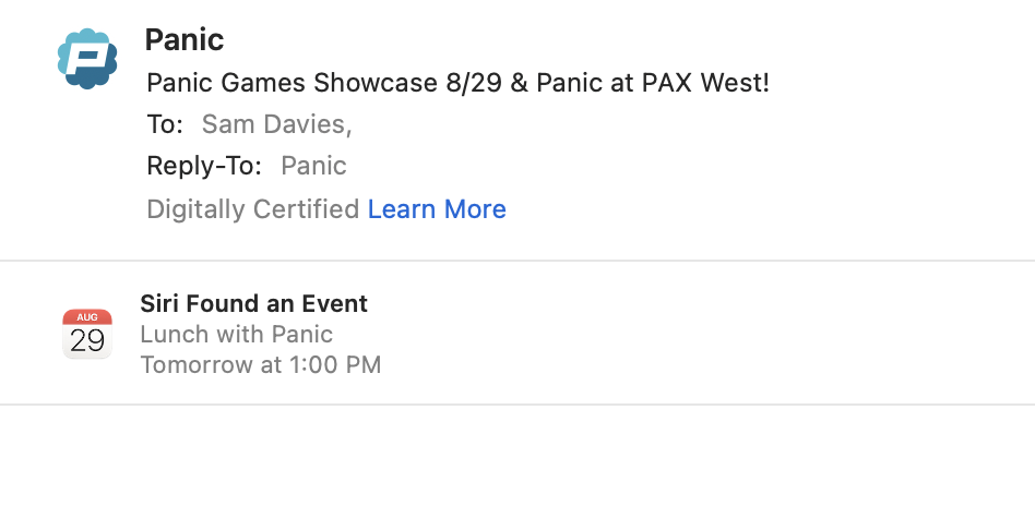 A screenshot of an email from Panic, Inc regarding their games showcase at PAX West where "Siri Found an Event" and called it "Lunch with Panic, Tomorrow at 1:00 PM".