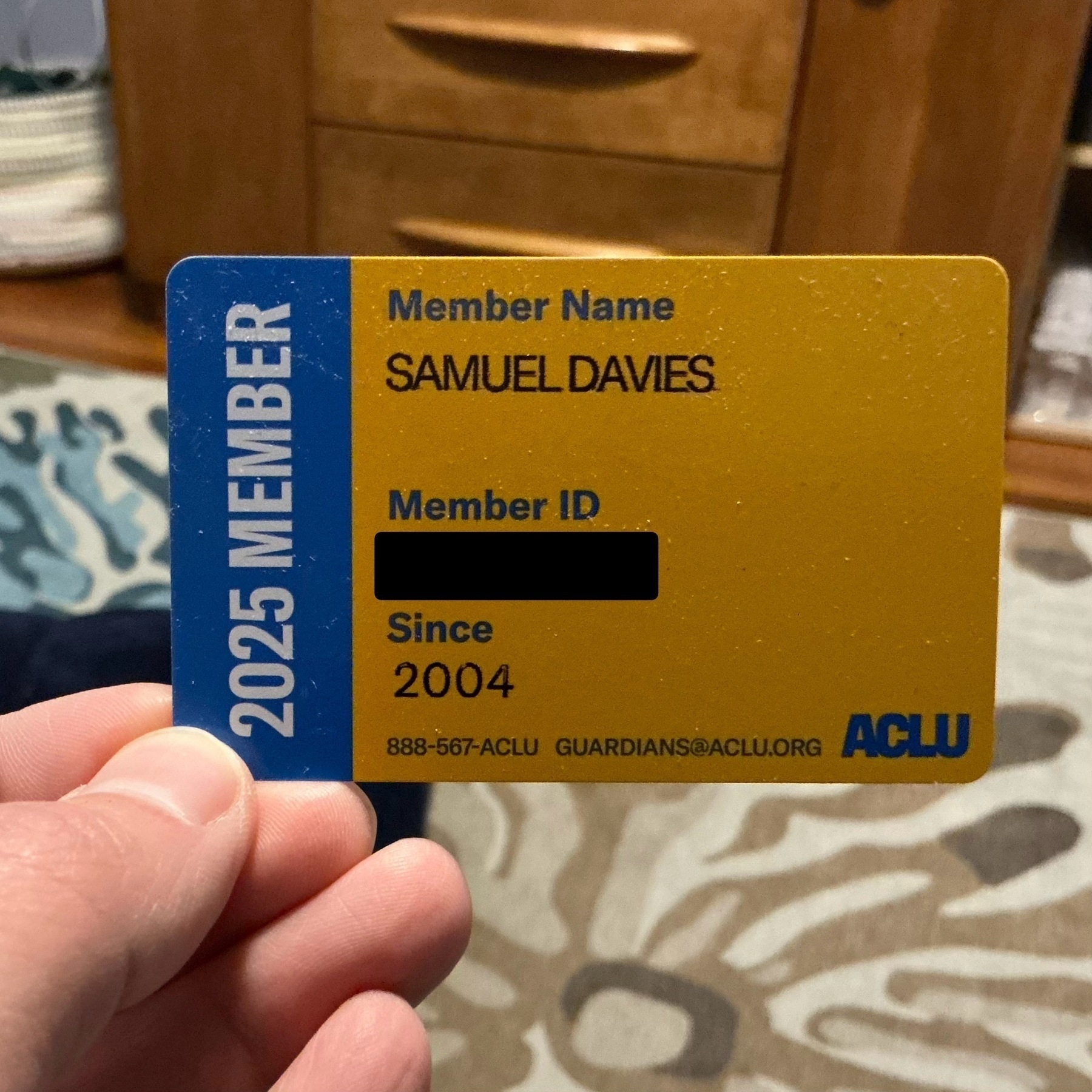 A “2025 Member” ACLU card for Samuel Davies showing membership since 2004