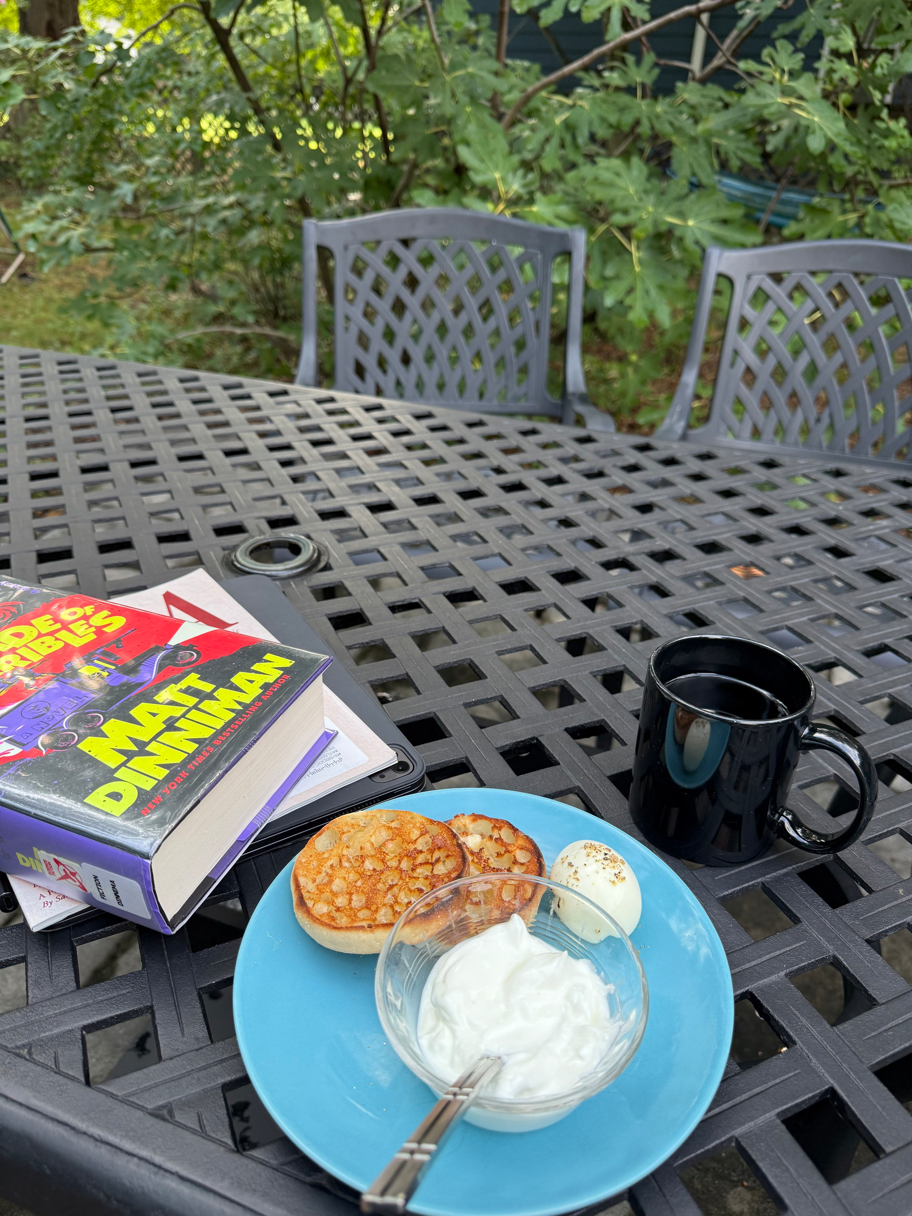 A breakfast spread featuring halves of a toasted English muffin, a boiled egg, a bowl of yogurt on a blue plate, a black mug of tea, and Matt Dinniman’s Parade of Horribles sits on top of an issue of The Atlantic and an iPad. A metal outdoor table with chairs and greenery in the background.