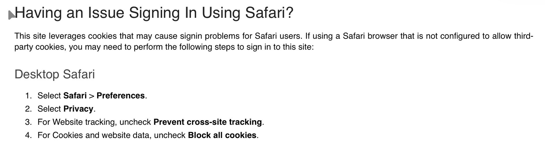 Instructions for resolving sign-in issues on Safari by adjusting cookie settings are shown.