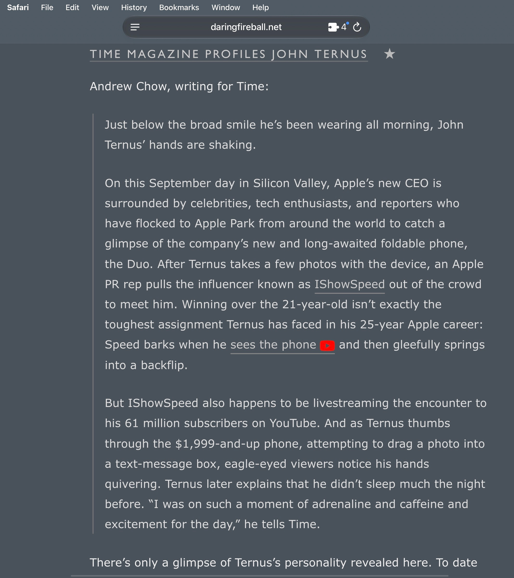 A screenshot of Daring Fireball showing a link to YouTube with the logo applied.