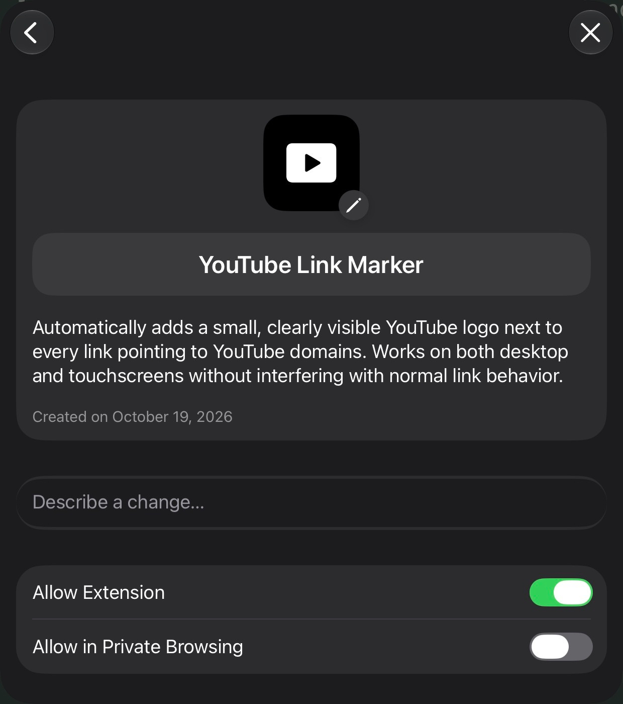 A screenshot of the browser extension window called YouTube Link Marker that says “adds a small, clearly visible YouTube logo next to every link pointing to YouTube domains without interfering with normal link behavior.”