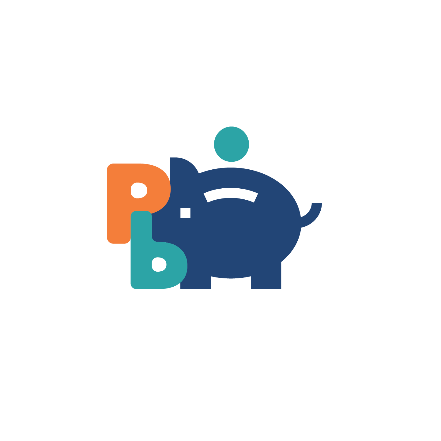 A stylized piggy bank is depicted alongside the letters P and b in orange and teal colors respectively.