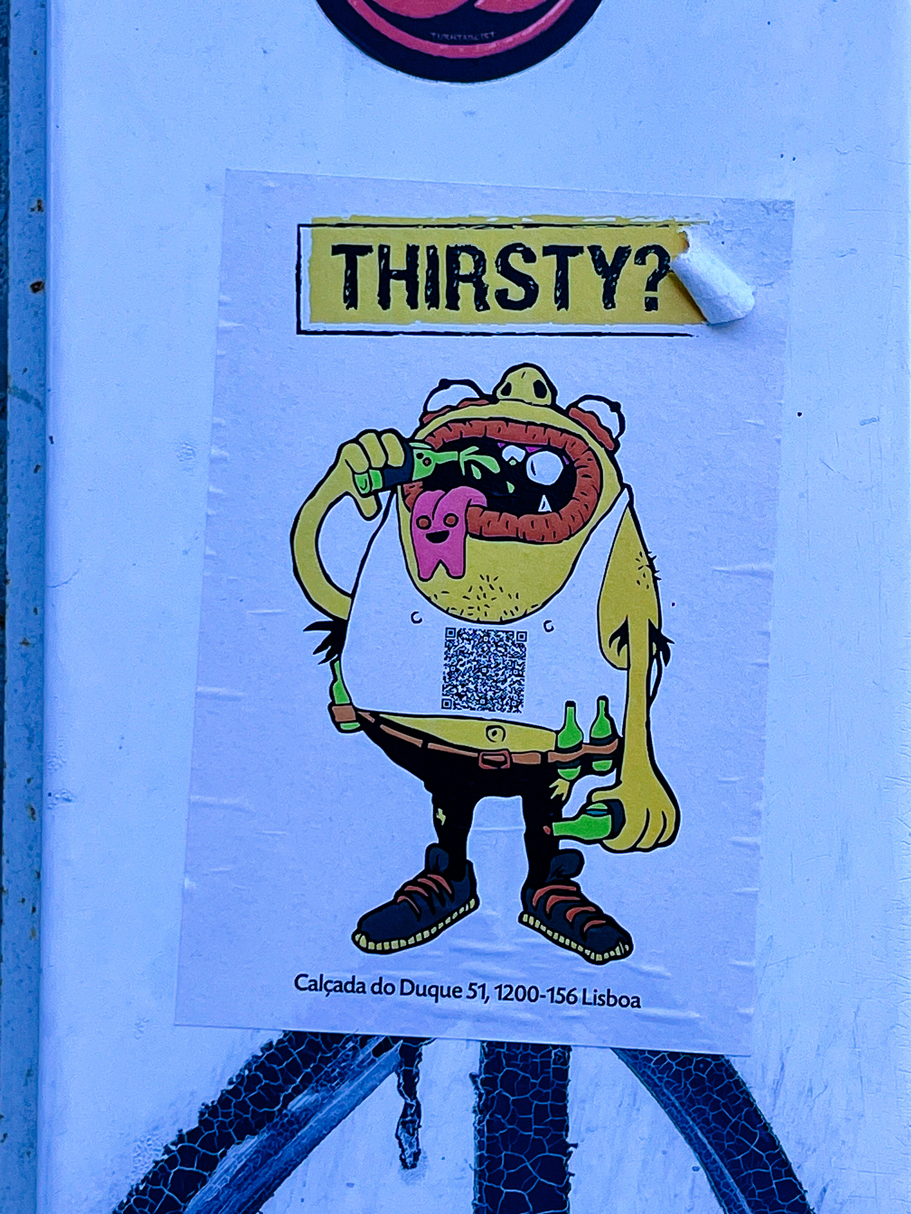 A troll-like creature drinking beer, with a couple more bottles strapped to the belt. Above it a sign reads “Thirsty?”. 