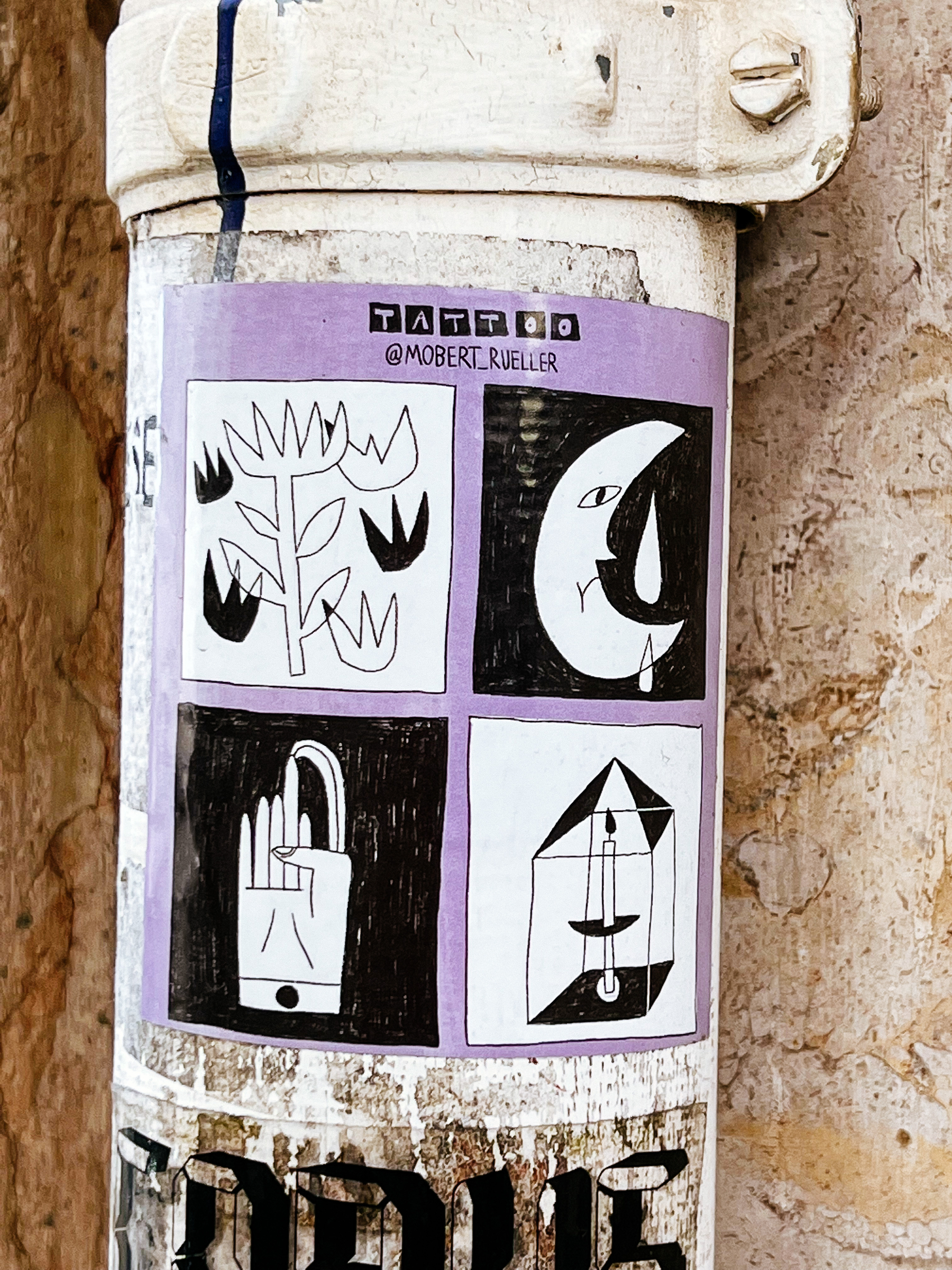 Sticker with line drawings of a hand, a house with a candle burning inside, a crying moon, and a flower. 