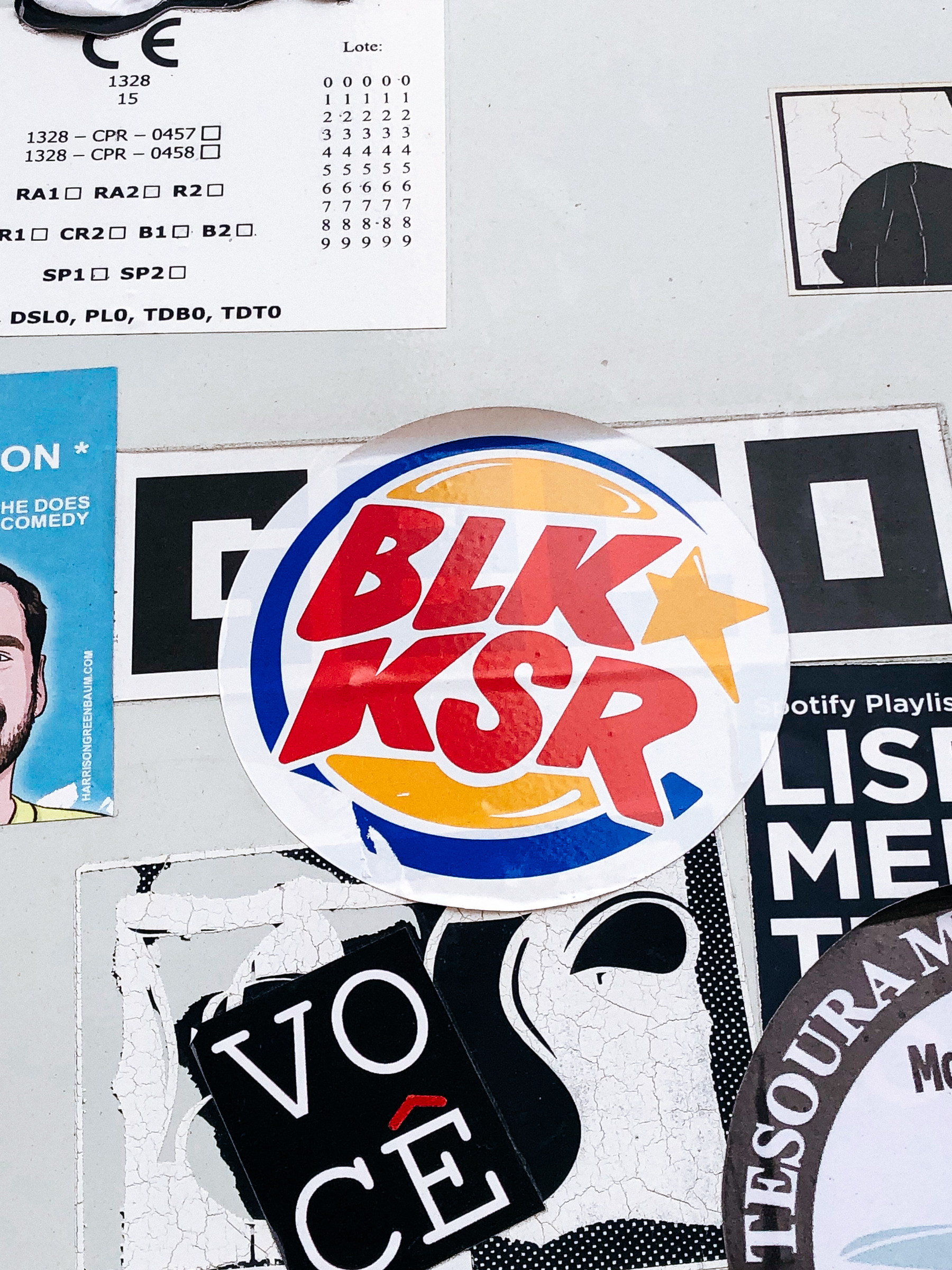 Sticker mimicking the Burger King logo, with “BLK KSR” replacing the brand’s words. 
