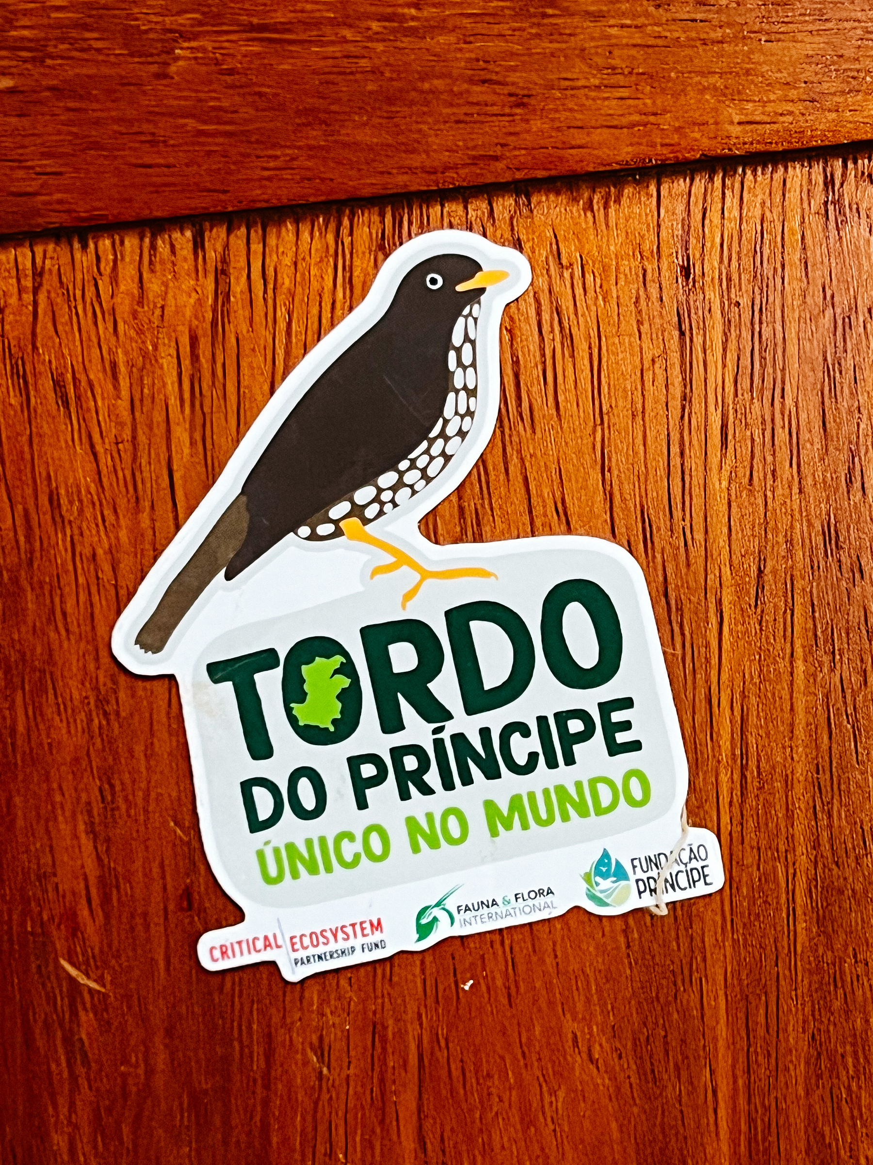 Sticker with a drawing of a bird, and the words “Tordo do Príncipe, Único no Mundo”