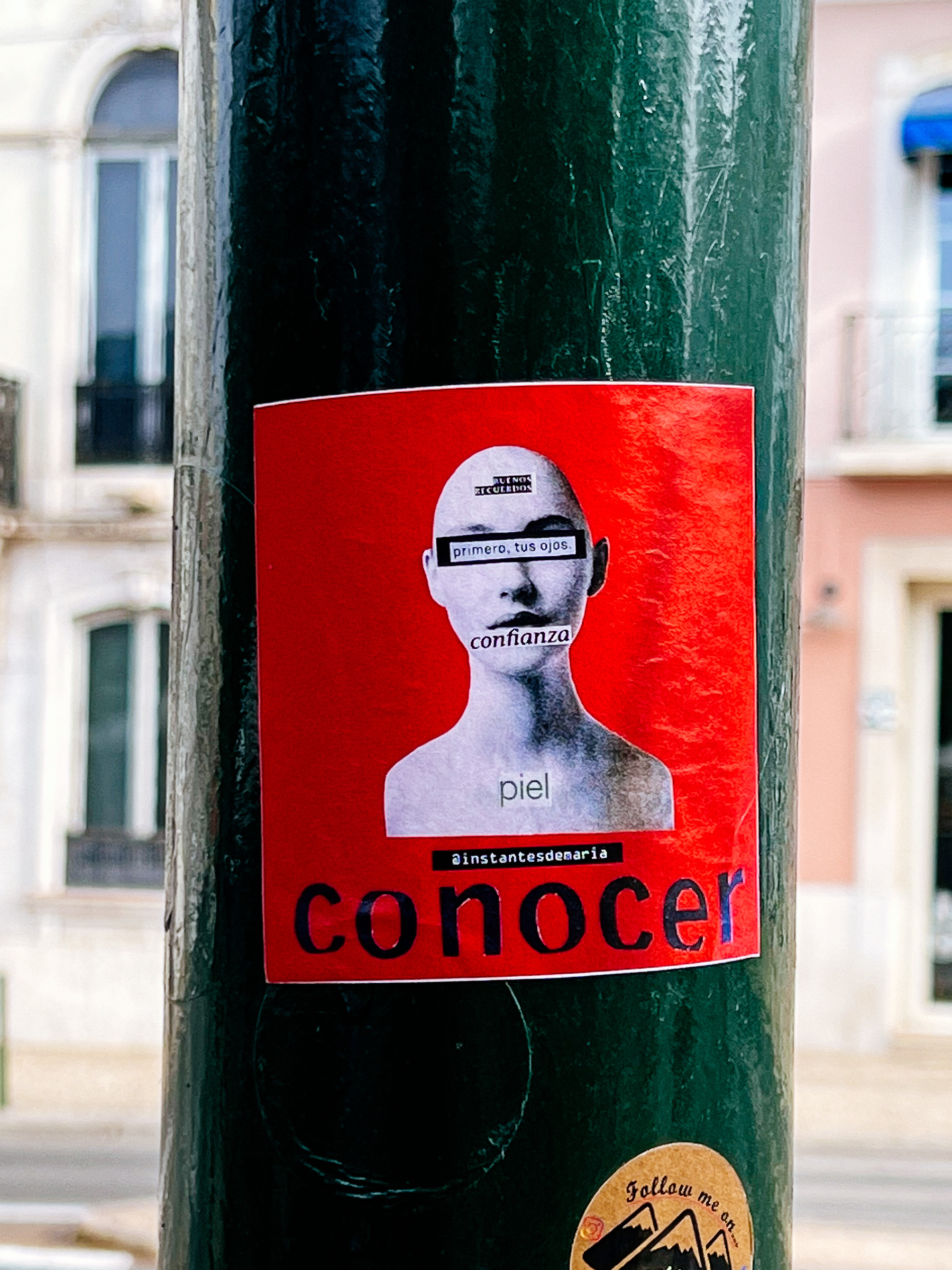 Sticker with the face of a bald woman, and the words “primero, tus ojos”, “confianza”, “piel”, “conocer” over her face.