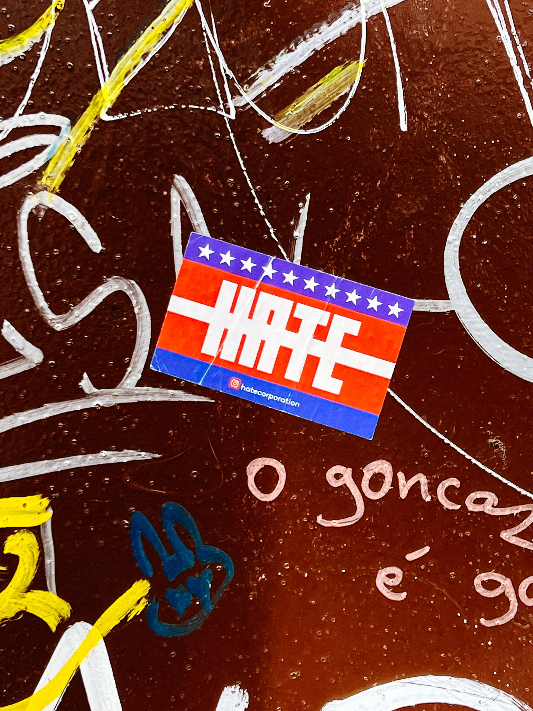Sticker with the word “HATE”. 