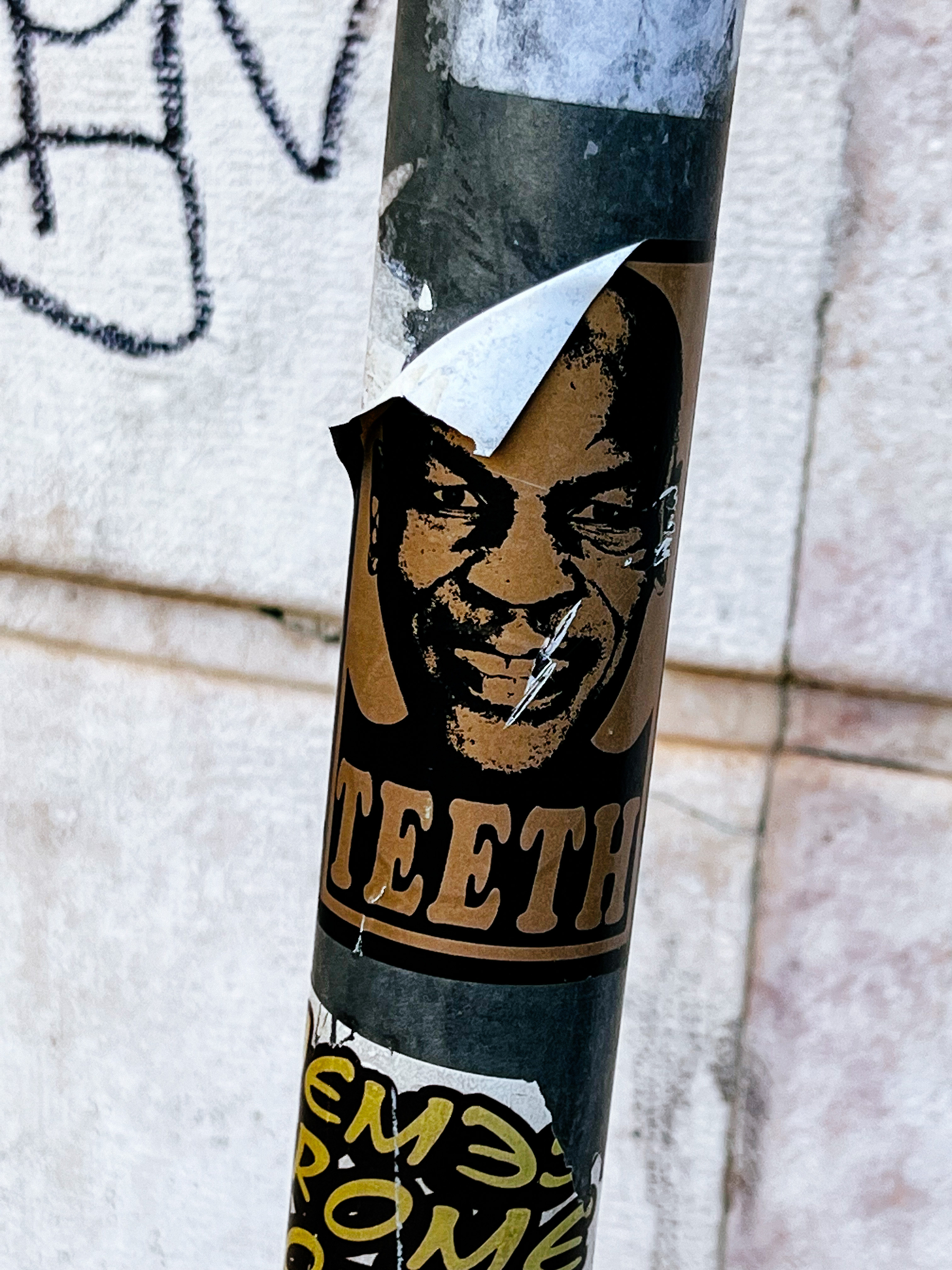 Sticker with a grinning face, and the word “teeth”. 