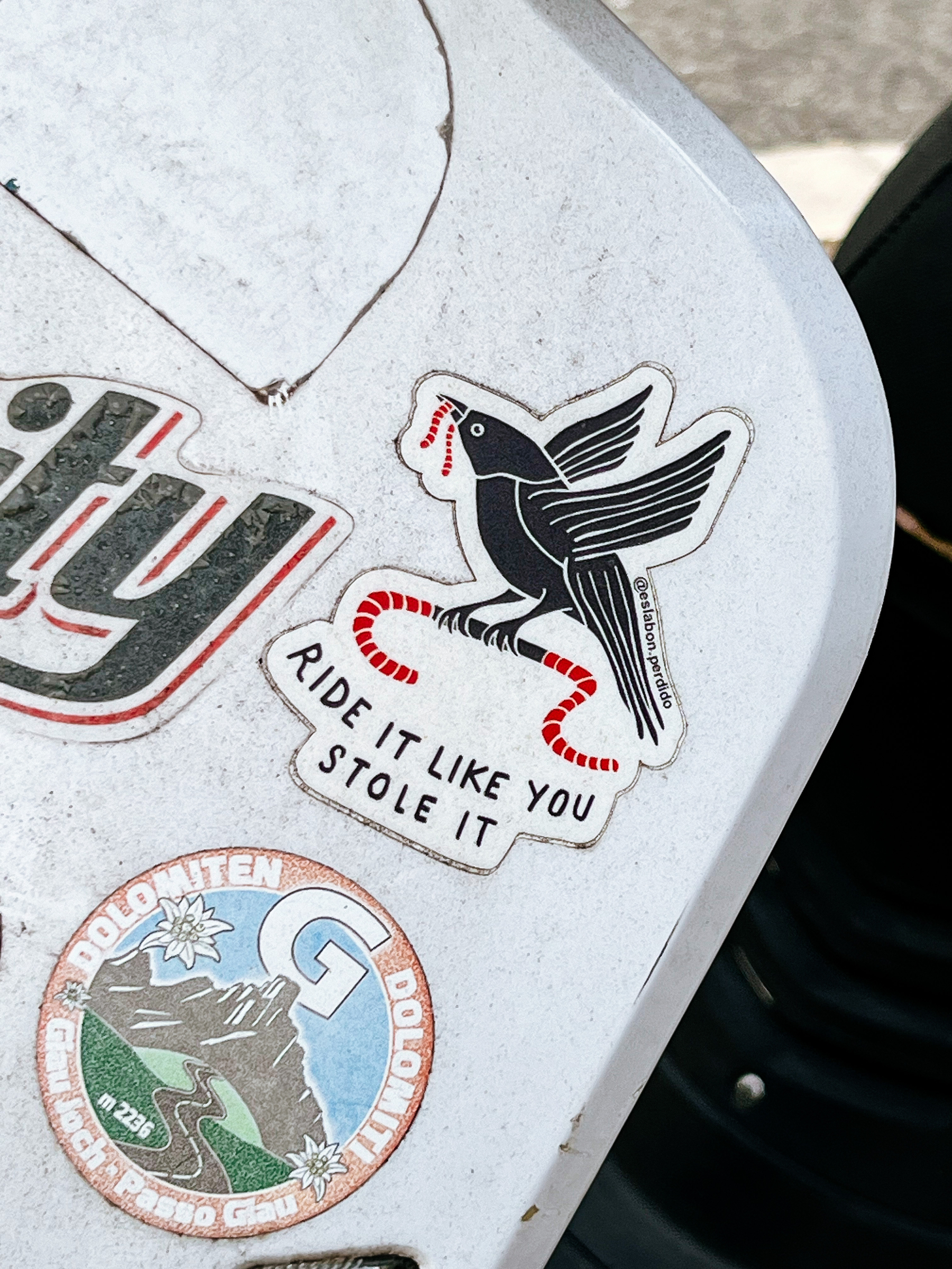 Sticker of a flying bird holding bicycle handlebars on its feet, and what looks like a worm on the beak. The words “ride it like you stole it”. 