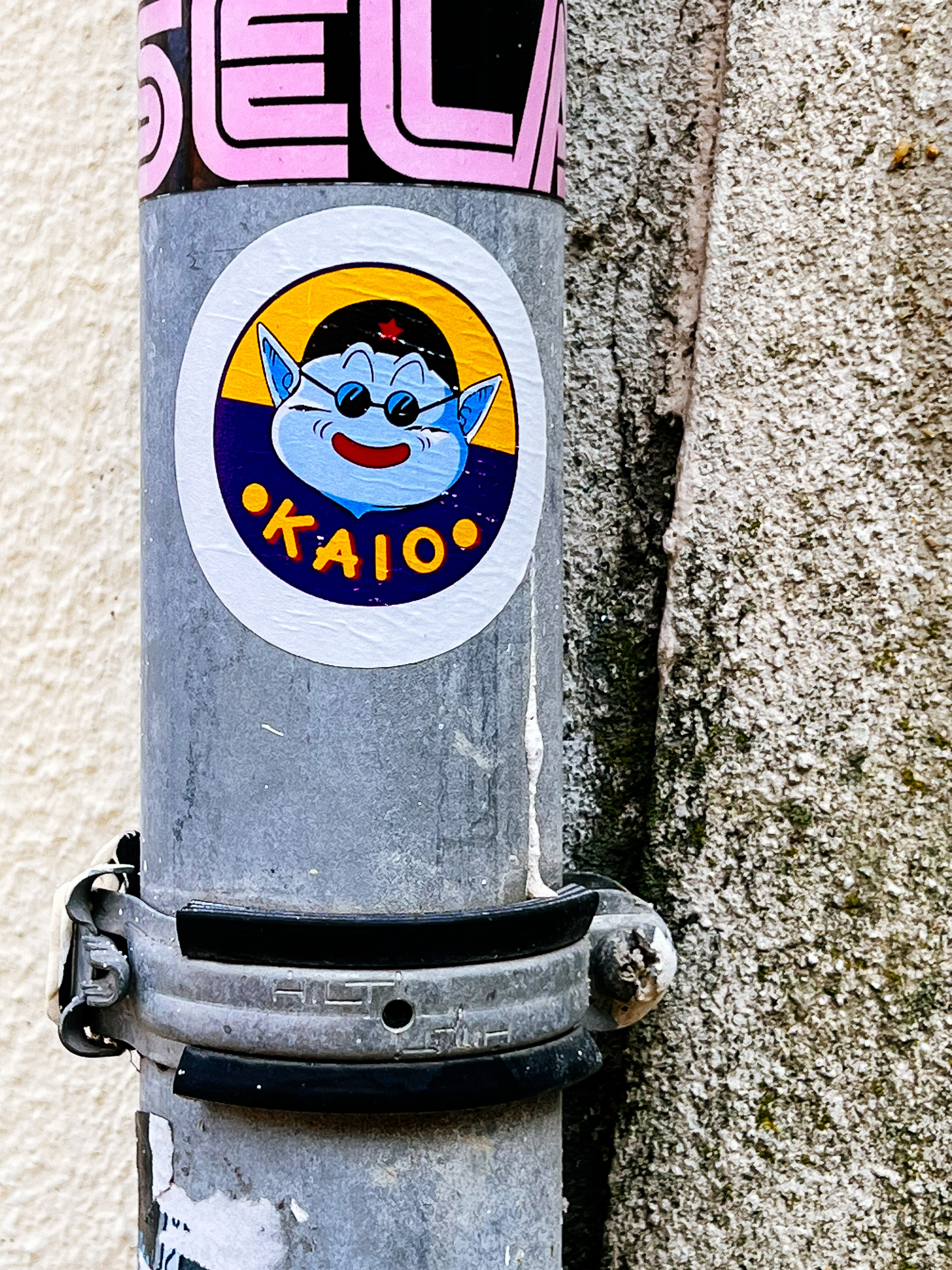 Sticker with the drawing of a blue, pointy ear cat (?), and the word “Kaio”. 