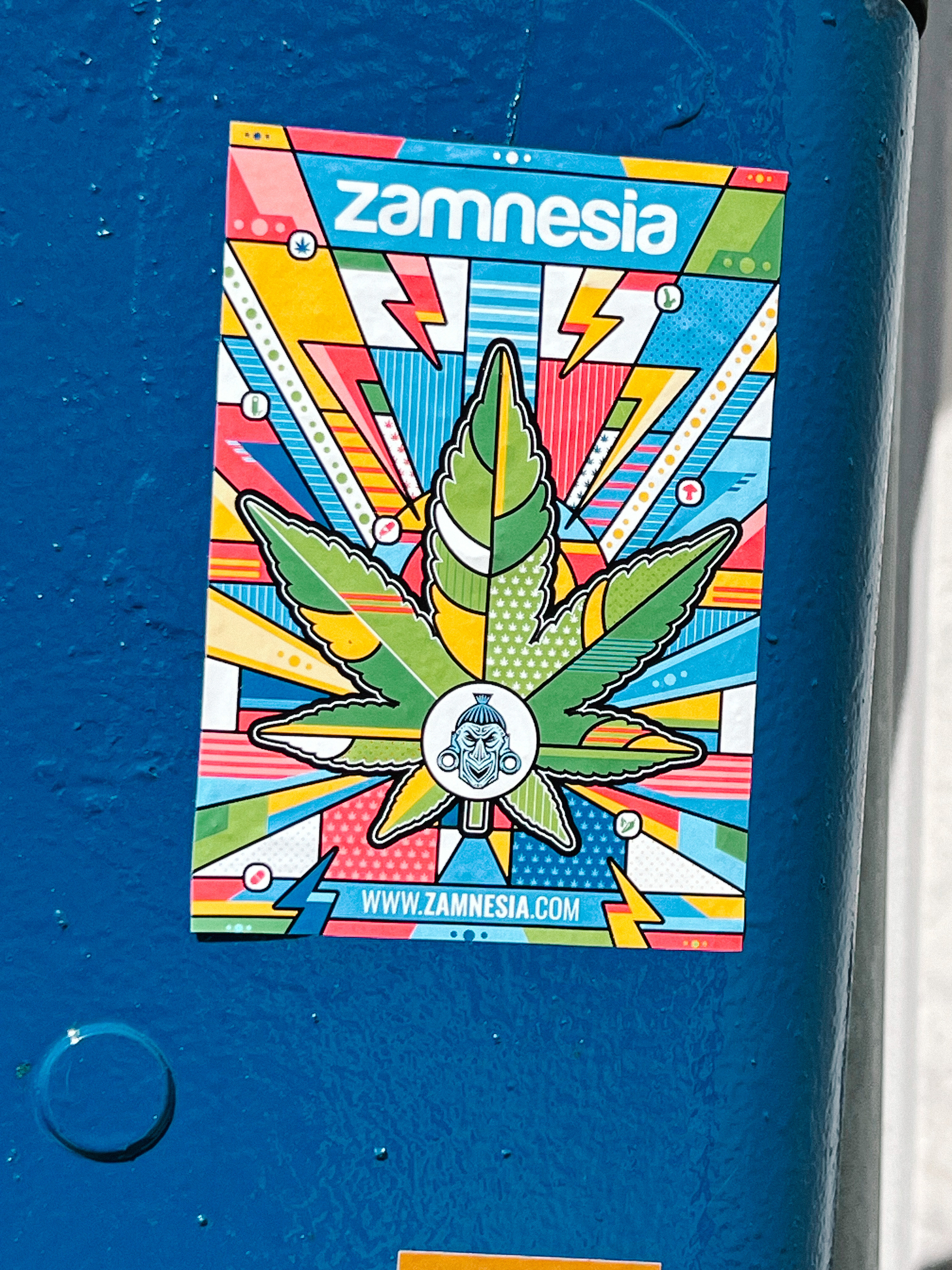 Sticker with a colorful hemp leaf. The word “zamnesia”. 