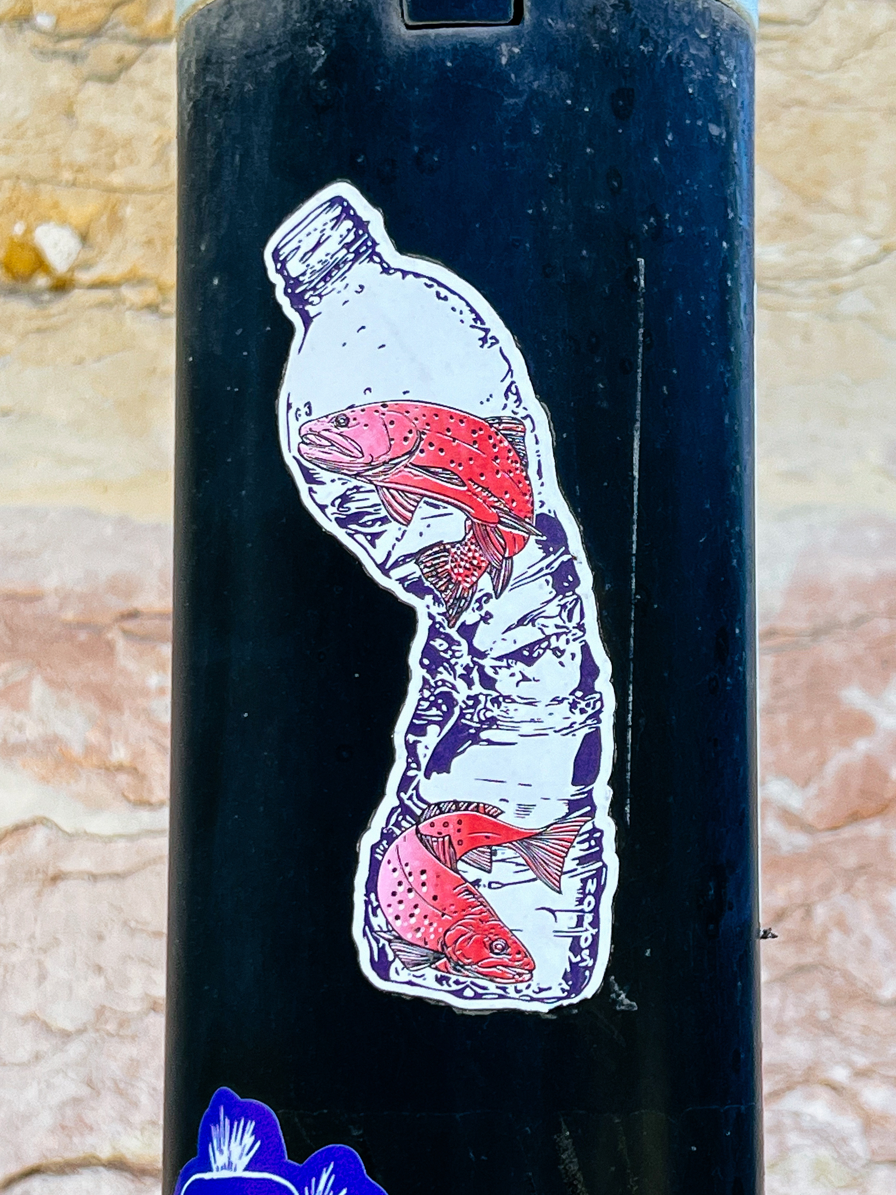 Sticker of a plastic bottle with two red koi inside. 