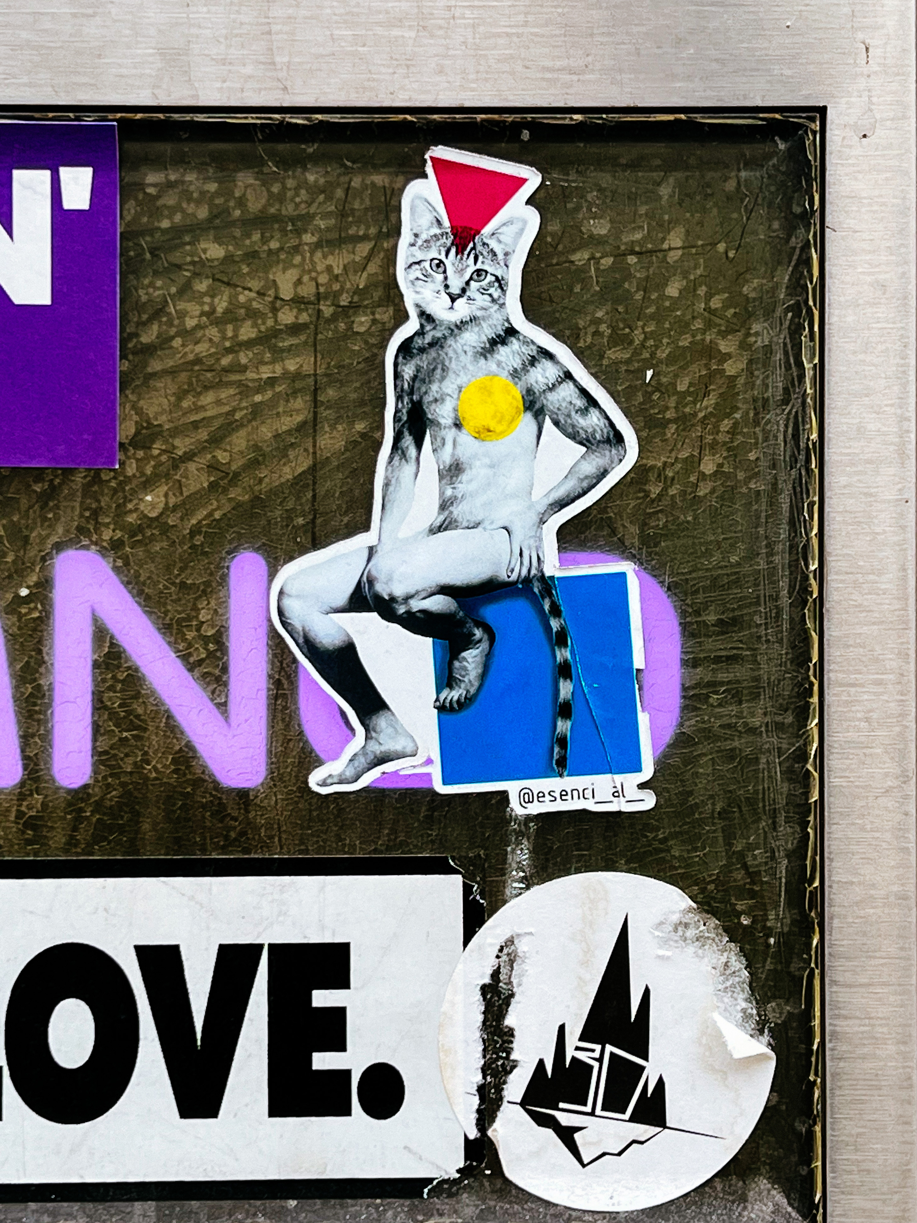 Sticker with a composite photo, a man’s body with the upper half replaced by a cat, looking at us. He’s sitting on a blue square, has a red triangle on his head, and a yellow circle on his chest. 